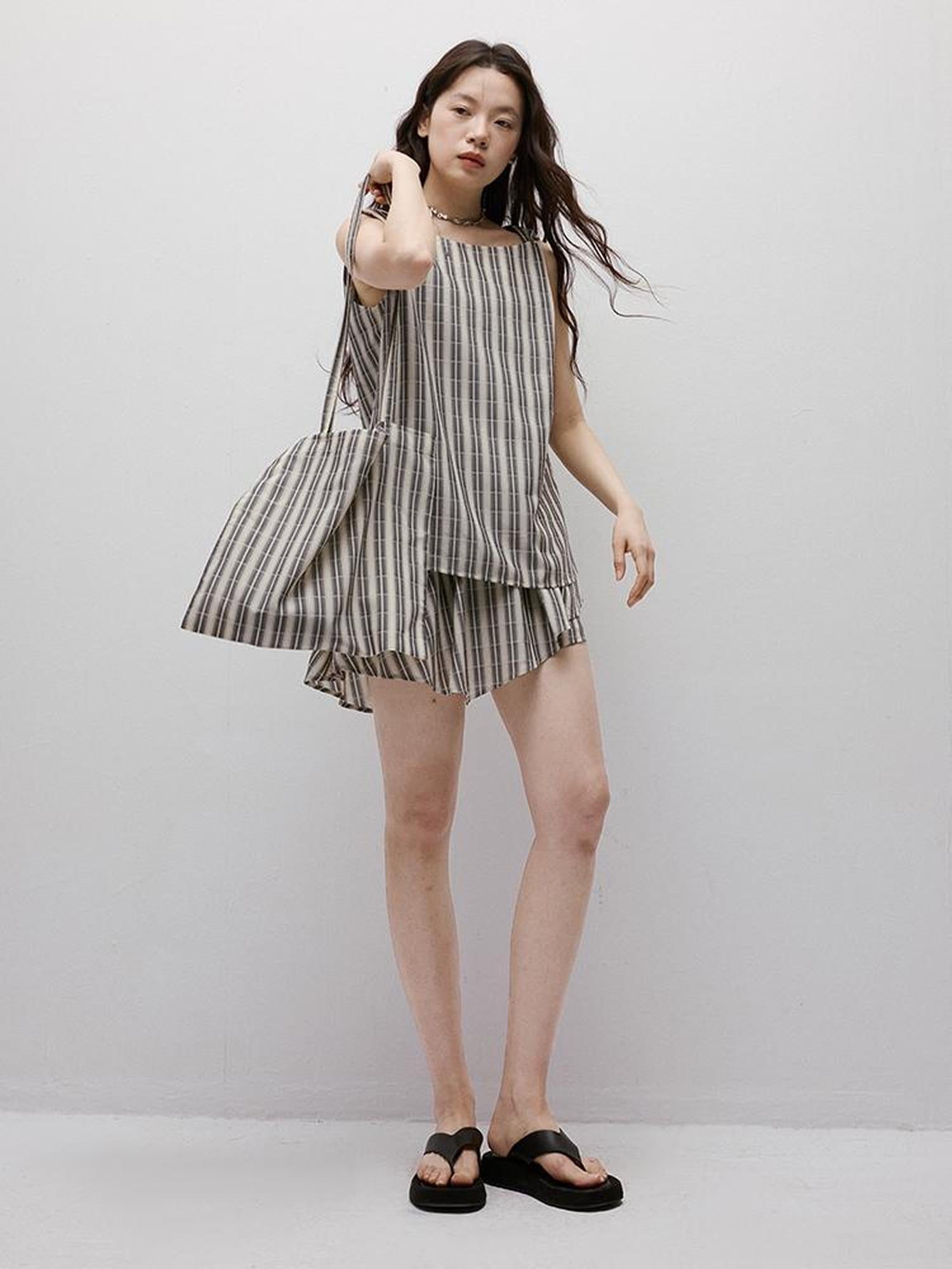 FUSSED Twist Stripe Asymmetrical Resort Set With Geometric Art V-neck T-shirt Long Sleeve