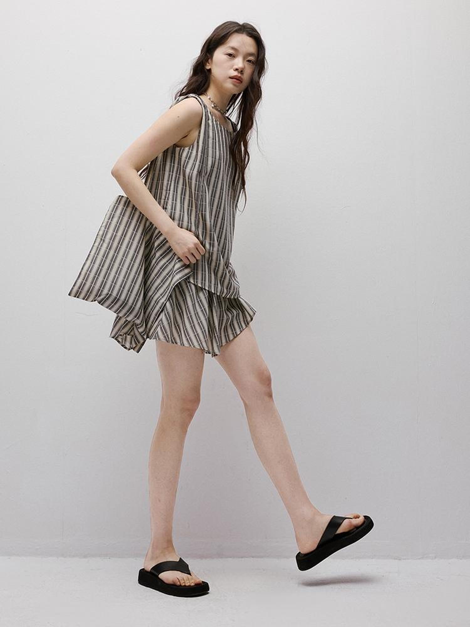 FUSSED Twist Stripe Asymmetrical Resort Set With Geometric Art V-neck T-shirt Long Sleeve