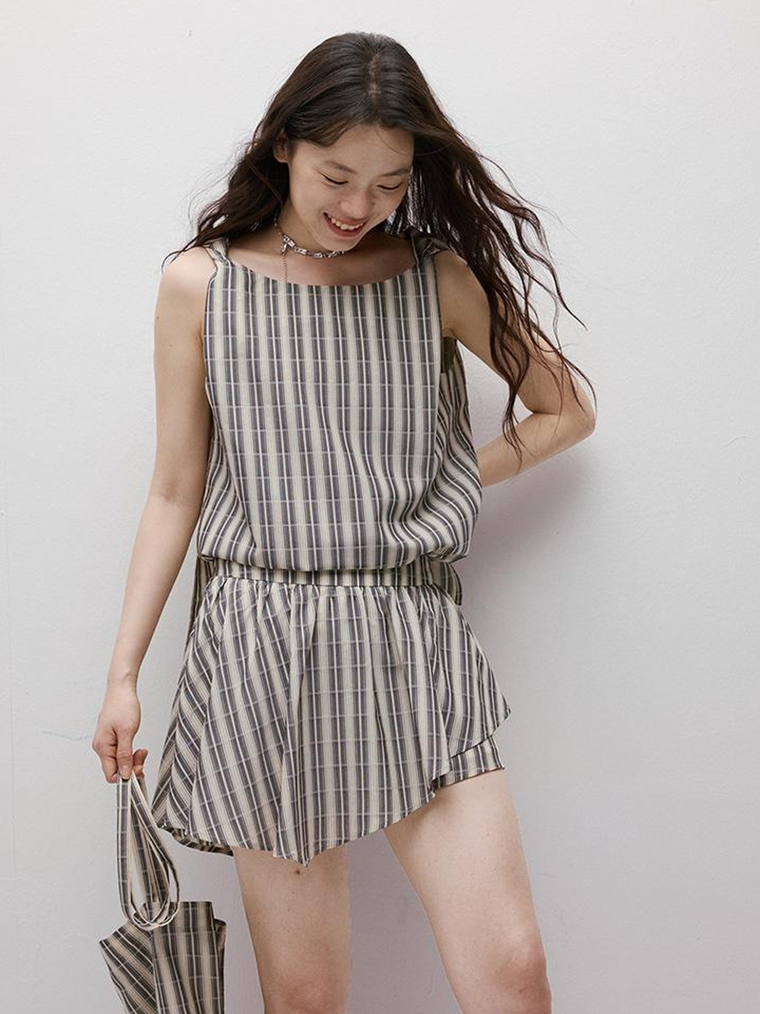 FUSSED Twist Stripe Asymmetrical Resort Set With Geometric Art V-neck T-shirt Long Sleeve