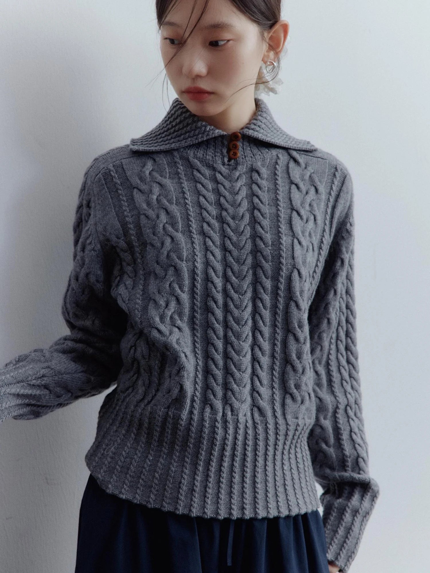 Twisted Cable Knit Textured Wool Sweater