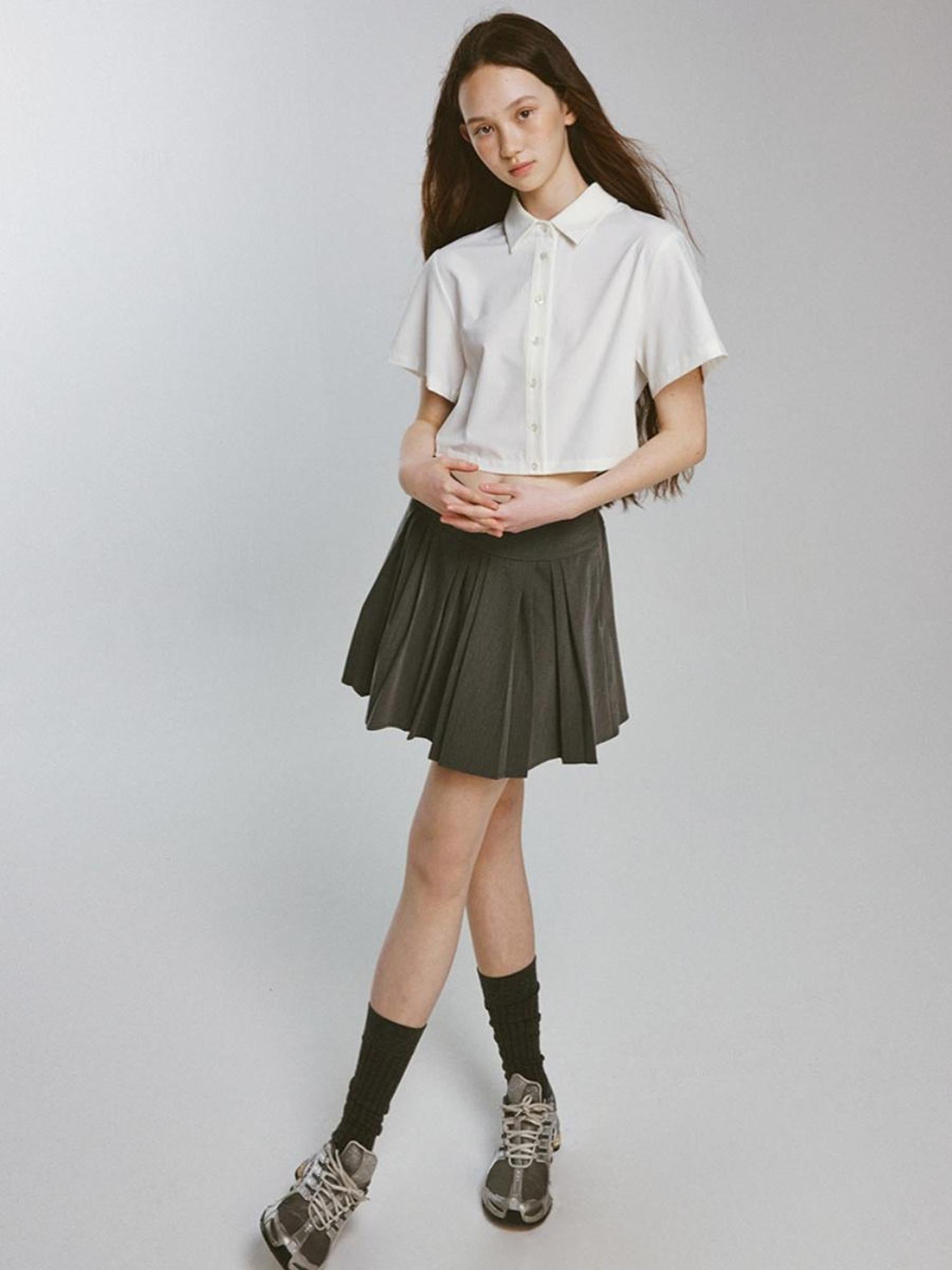 FUSSED Two Tone Layered Shirt Dress with Pleated Skirt