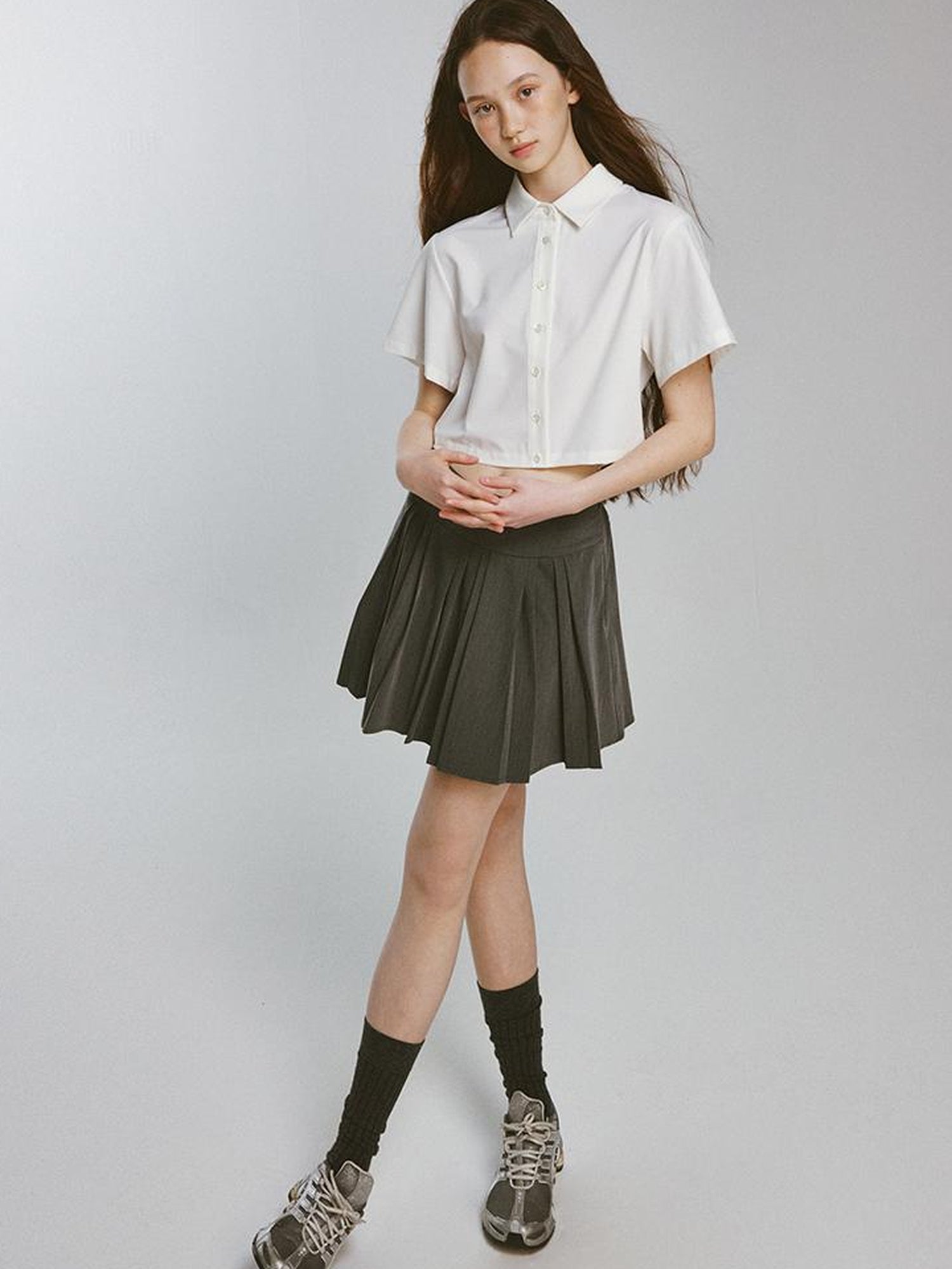 FUSSED Two Tone Layered Shirt Dress with Pleated Skirt