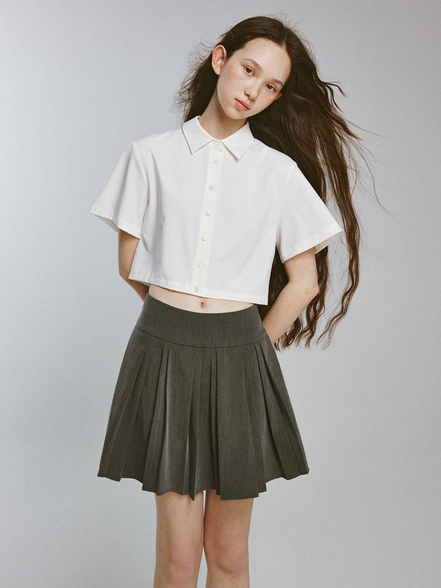 FUSSED Two Tone Layered Shirt Dress with Pleated Skirt