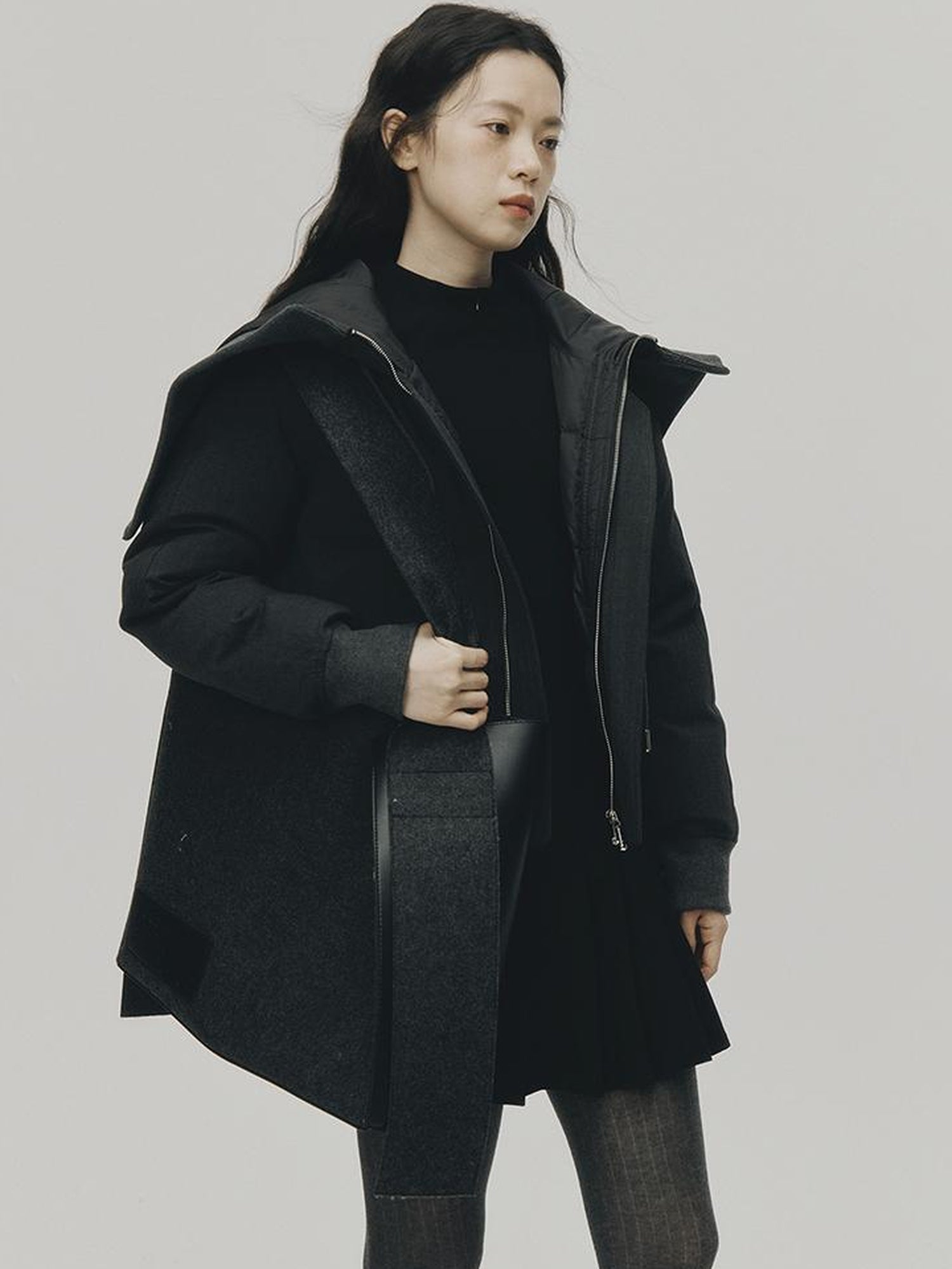 FUSSED Two Way Detachable Hood Grey Duck Down Coat