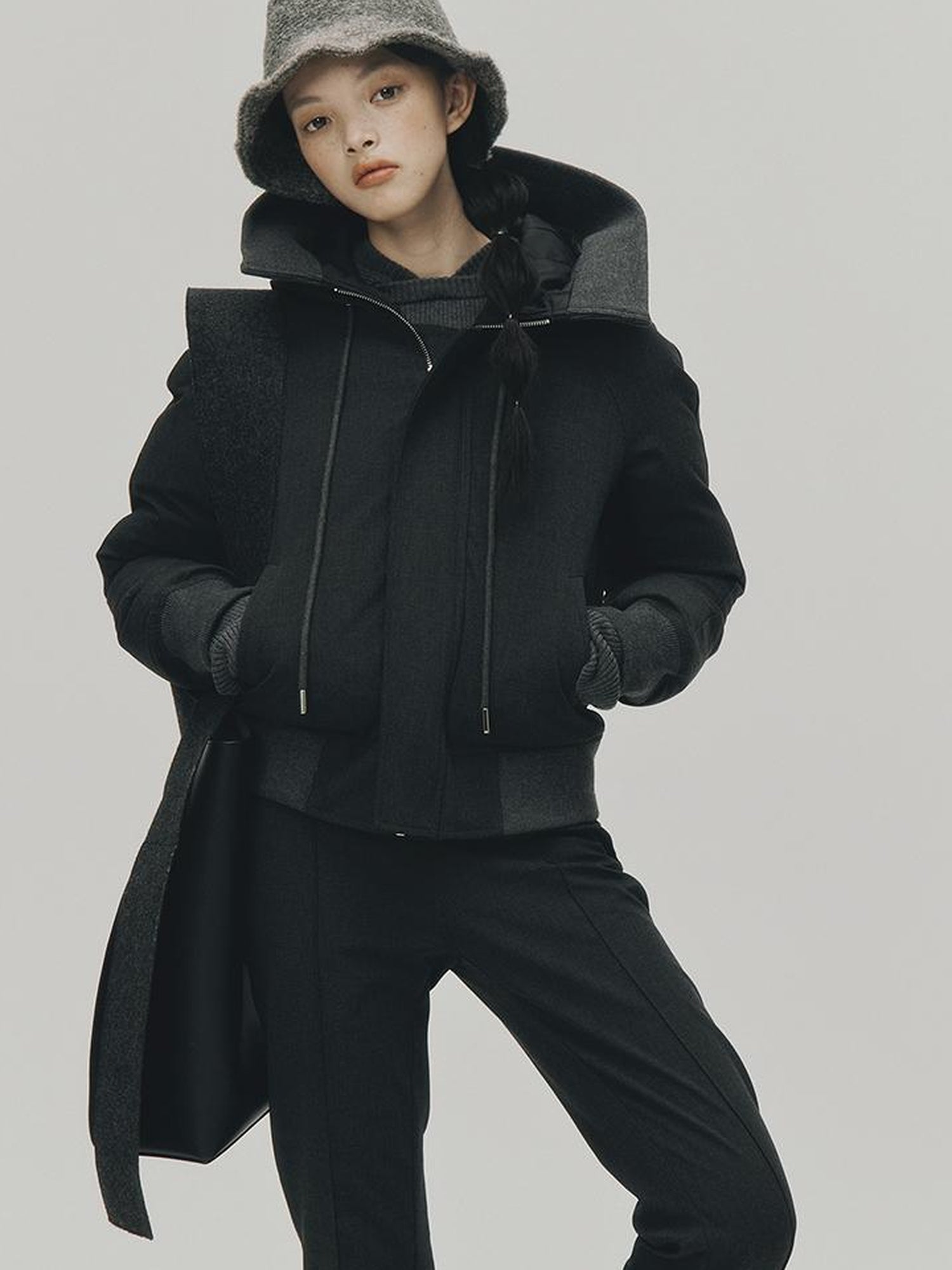 FUSSED Two Way Detachable Hood Grey Duck Down Coat