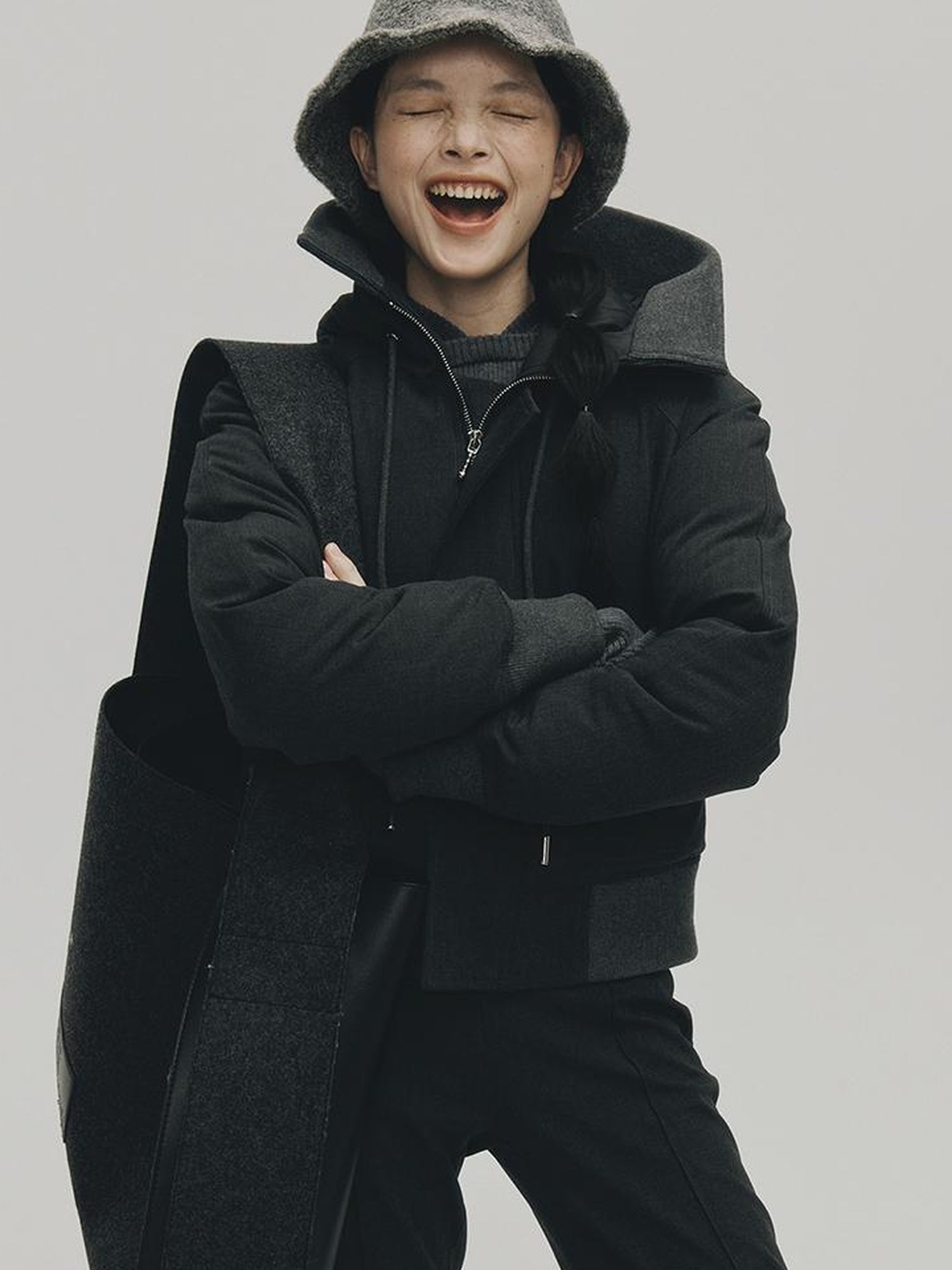 FUSSED Two Way Detachable Hood Grey Duck Down Coat