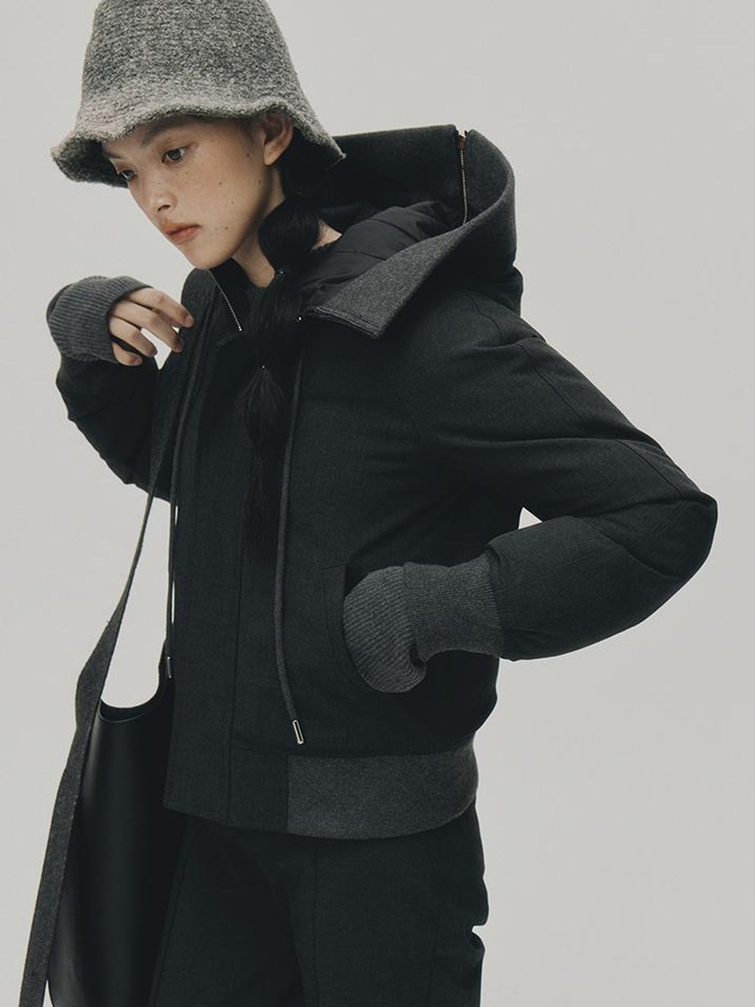 FUSSED Two Way Detachable Hood Grey Duck Down Coat