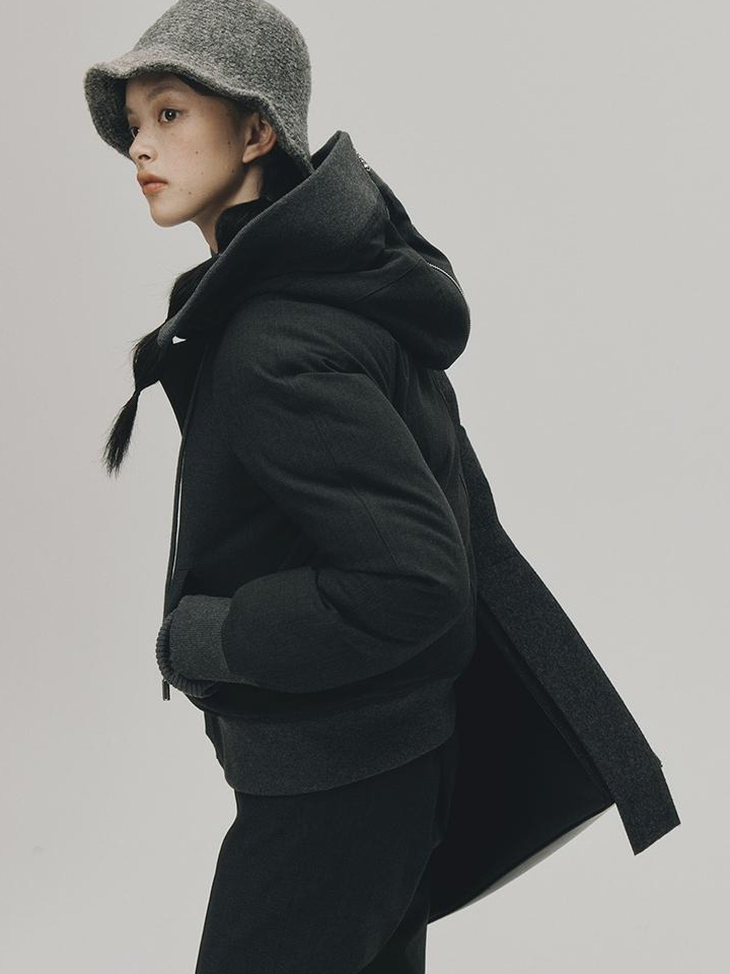 FUSSED Two Way Detachable Hood Grey Duck Down Coat