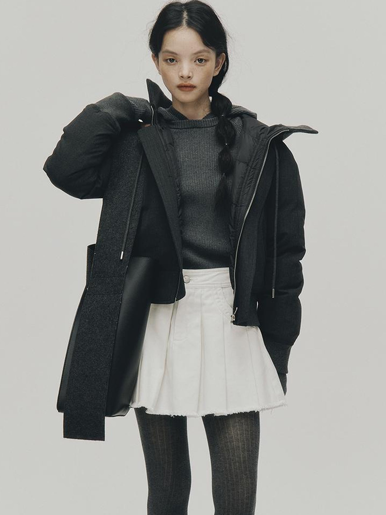 FUSSED Two Way Detachable Hood Grey Duck Down Coat