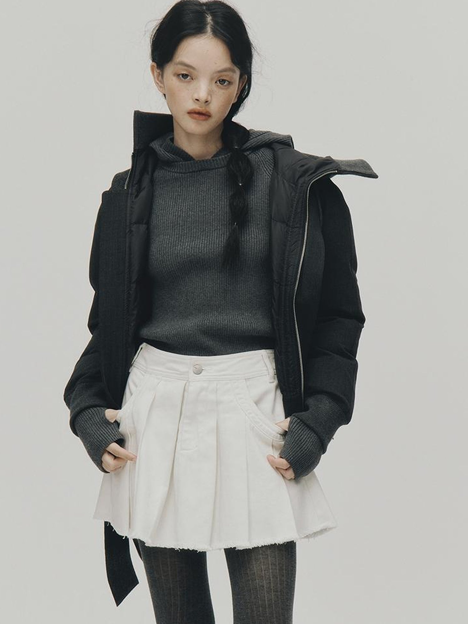 FUSSED Two Way Detachable Hood Grey Duck Down Coat