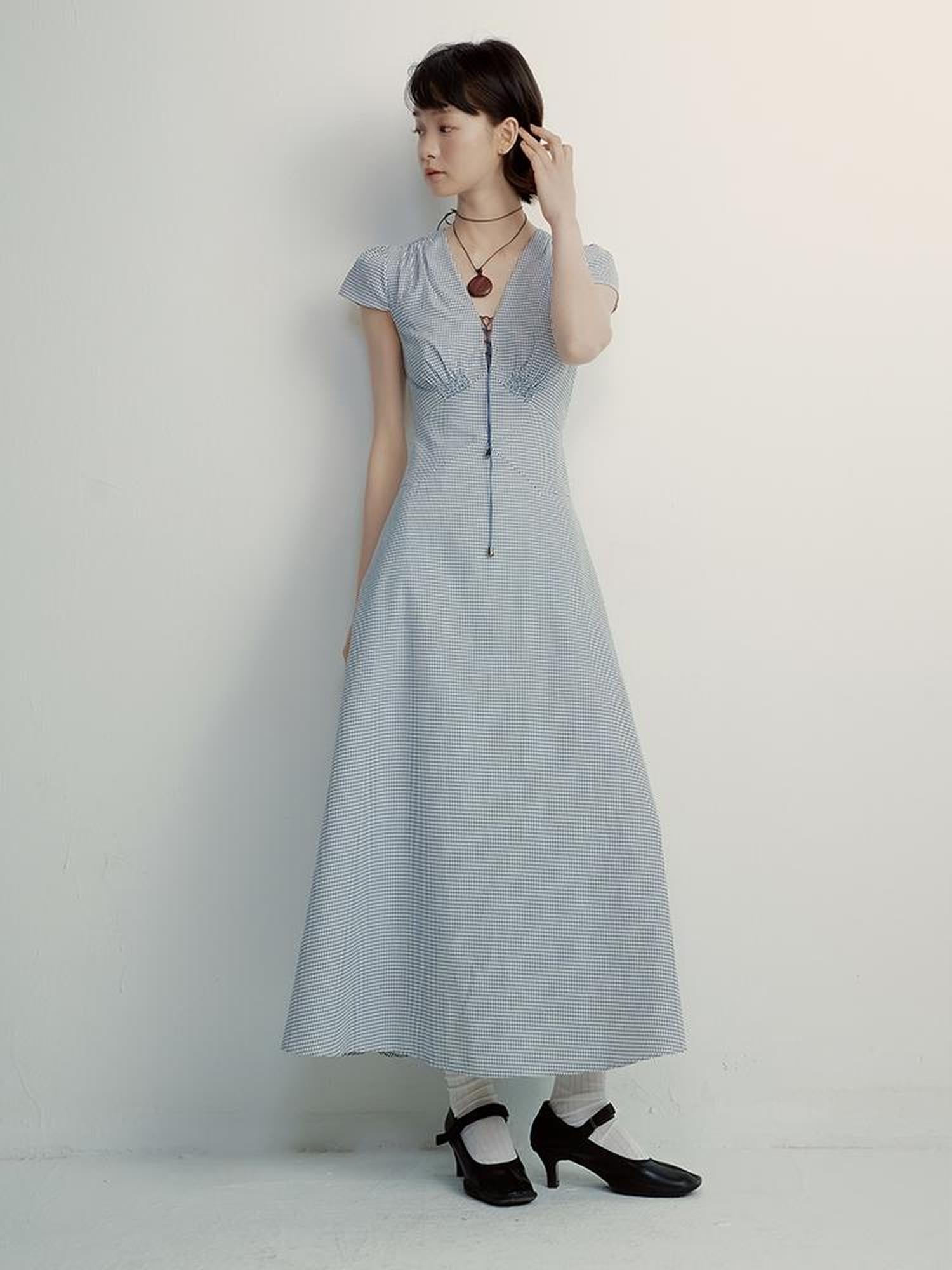 FUSSED V-Neck Gingham Midi Dress with Adjustable Tie & A-Line Skirt