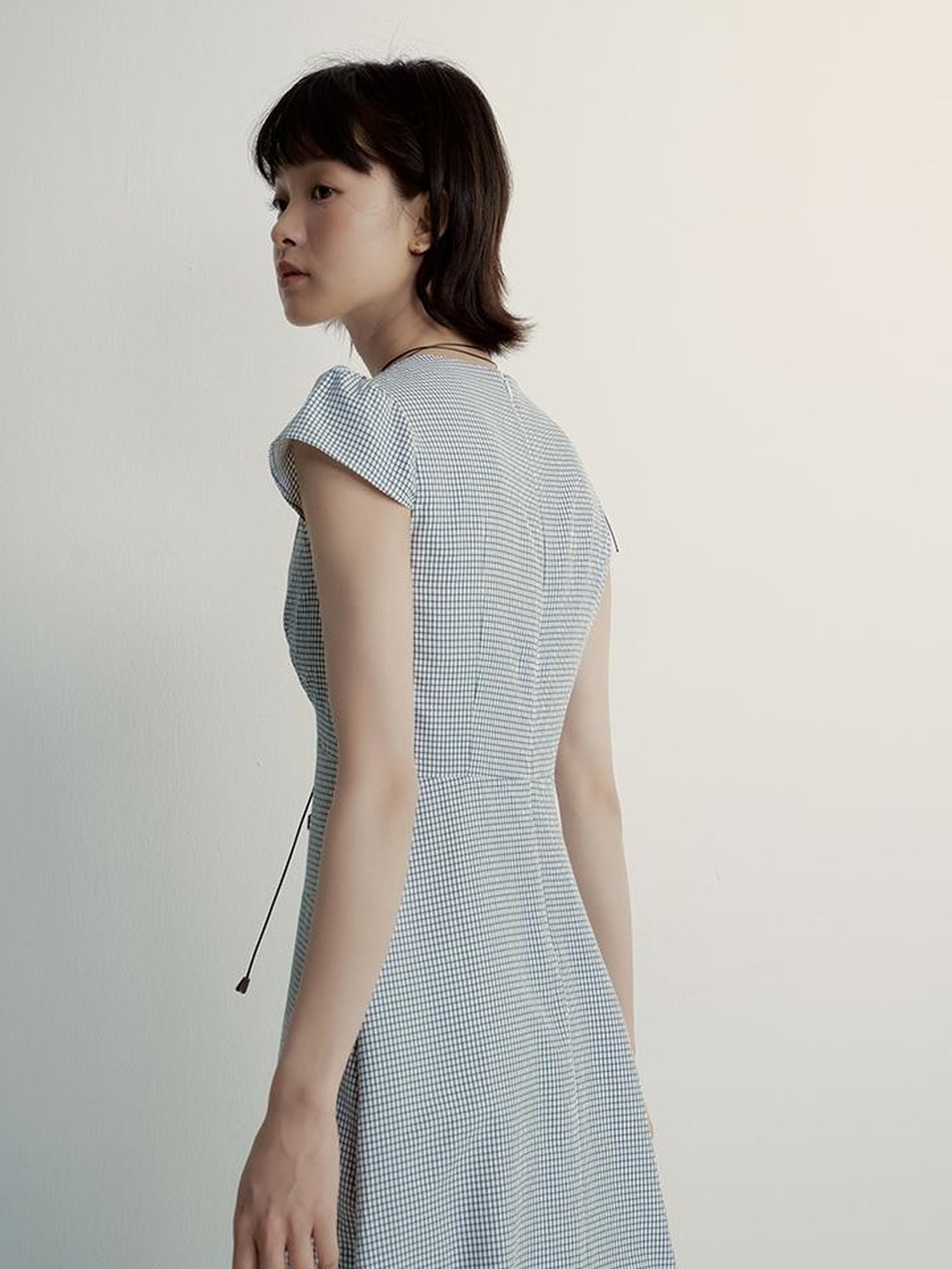 FUSSED V-Neck Gingham Midi Dress with Adjustable Tie & A-Line Skirt