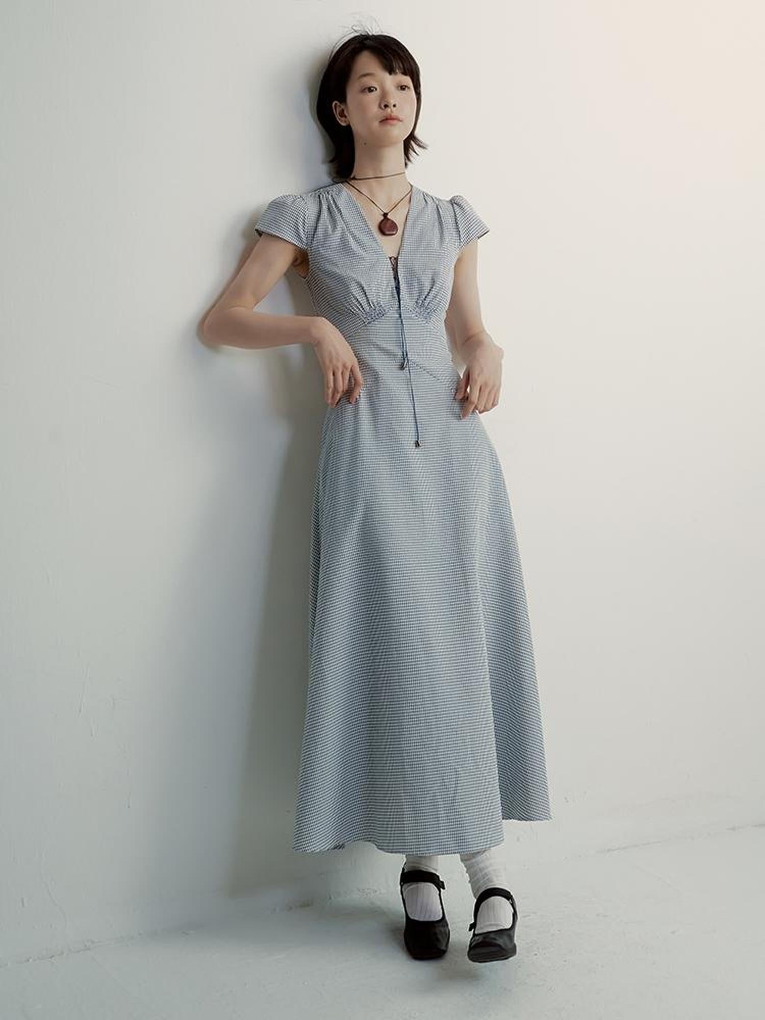 FUSSED V-Neck Gingham Midi Dress with Adjustable Tie & A-Line Skirt