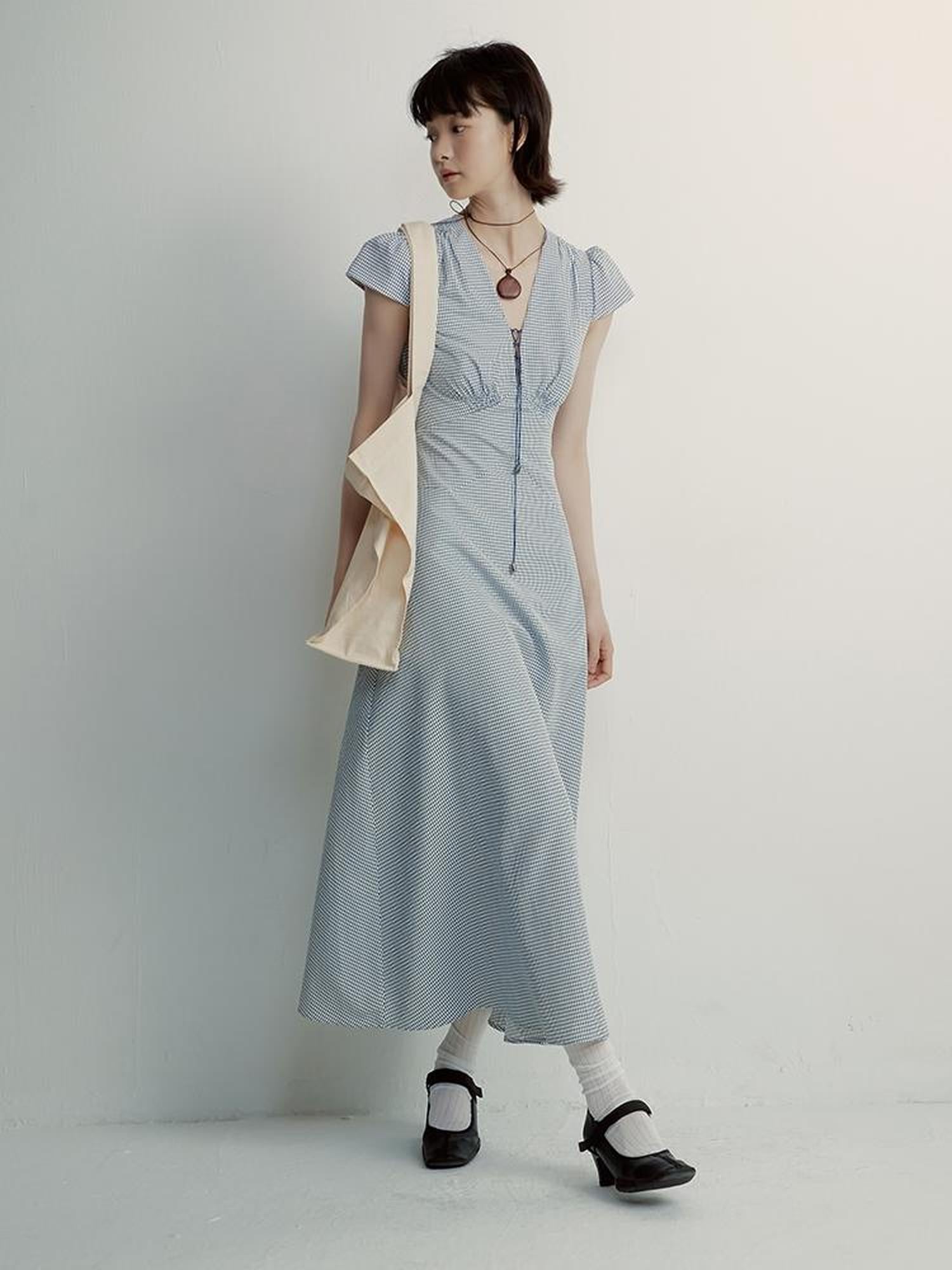 FUSSED V-Neck Gingham Midi Dress with Adjustable Tie & A-Line Skirt