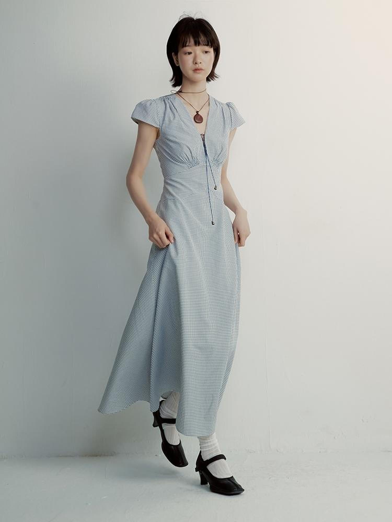 FUSSED V-Neck Gingham Midi Dress with Adjustable Tie & A-Line Skirt