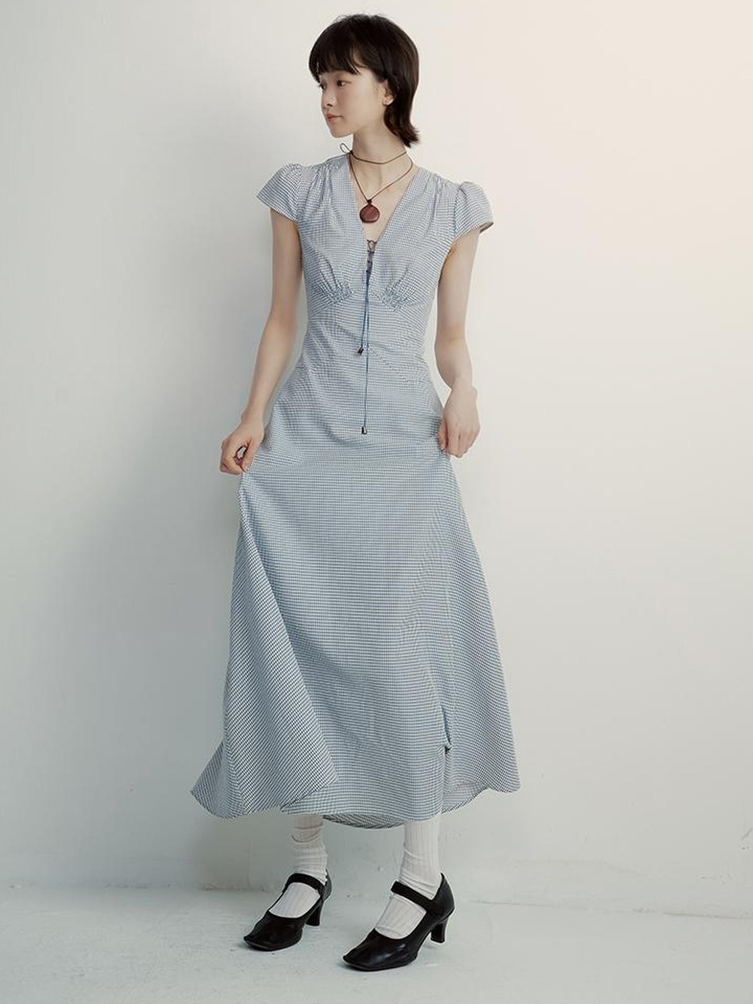 FUSSED V-Neck Gingham Midi Dress with Adjustable Tie & A-Line Skirt