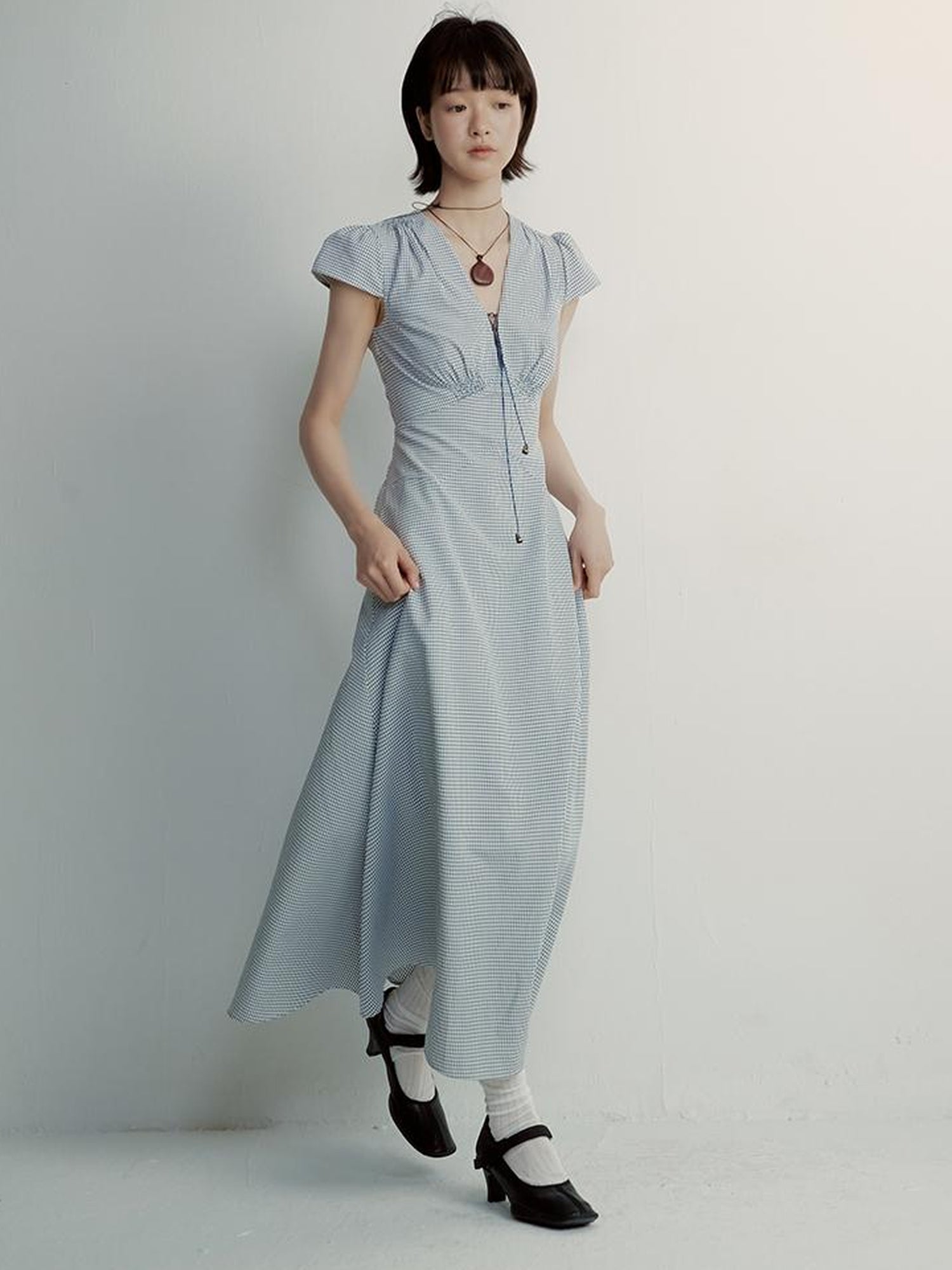 FUSSED V-Neck Gingham Midi Dress with Adjustable Tie & A-Line Skirt