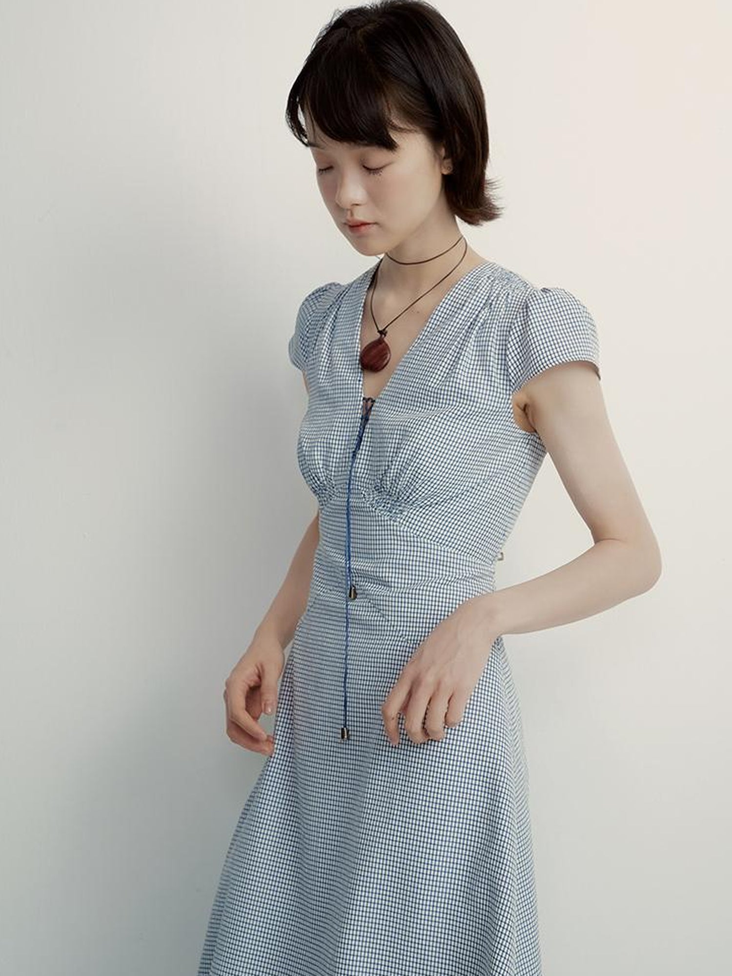 FUSSED V-Neck Gingham Midi Dress with Adjustable Tie & A-Line Skirt