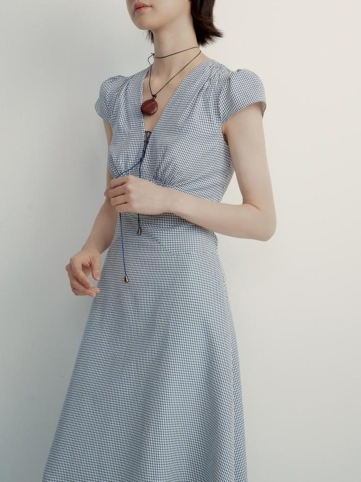 FUSSED V-Neck Gingham Midi Dress with Adjustable Tie & A-Line Skirt