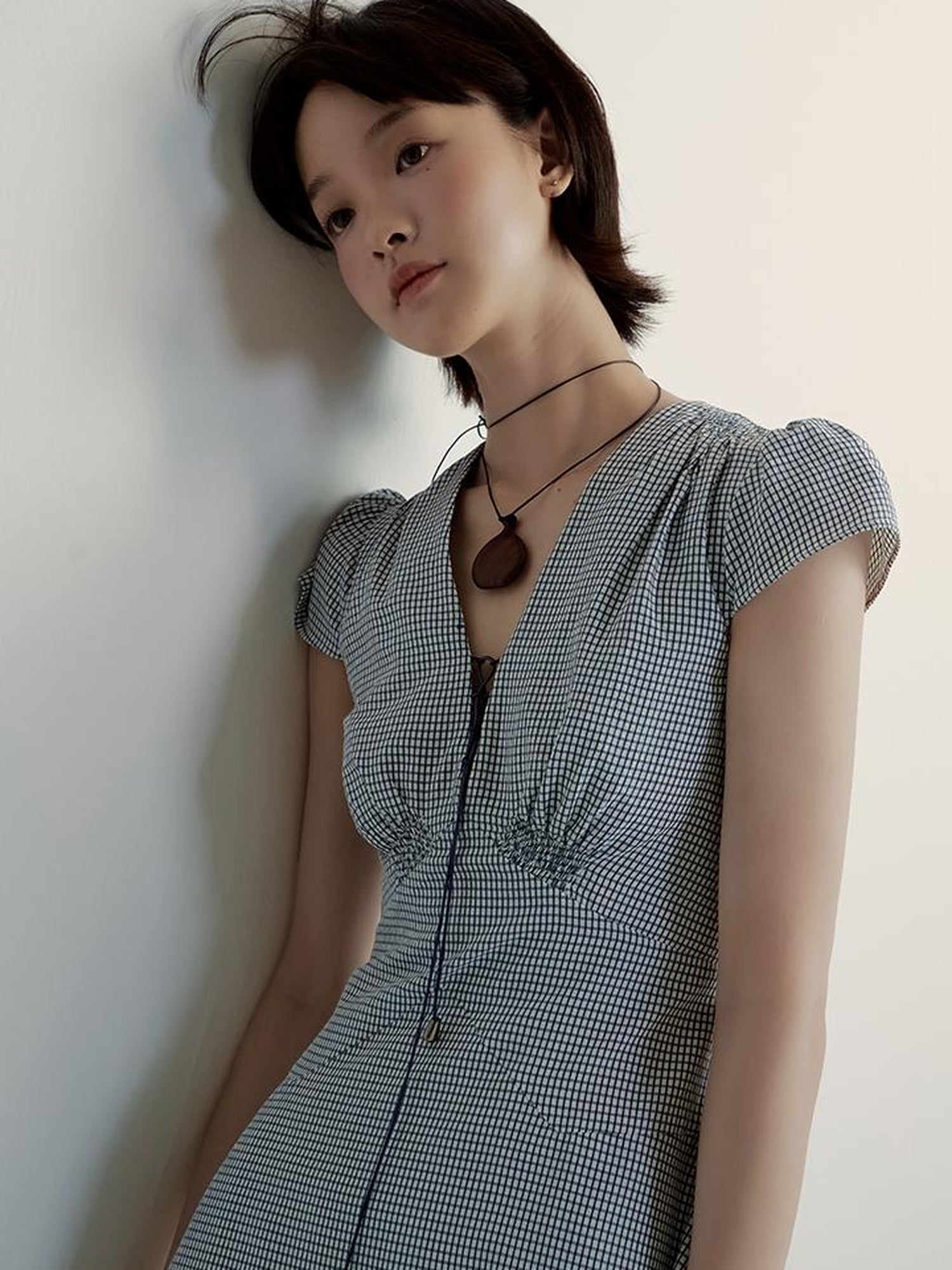 FUSSED V-Neck Gingham Midi Dress with Adjustable Tie & A-Line Skirt