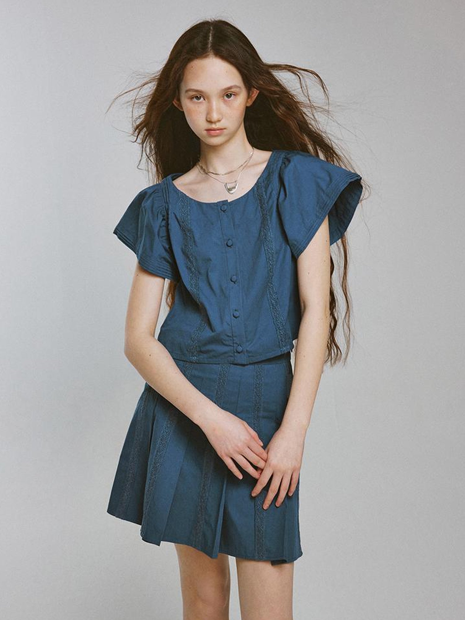 FUSSED V-Neck T-Shirt Long-Sleeve Tiered Flutter Sleeve Lace Trim Playful Prussian Set