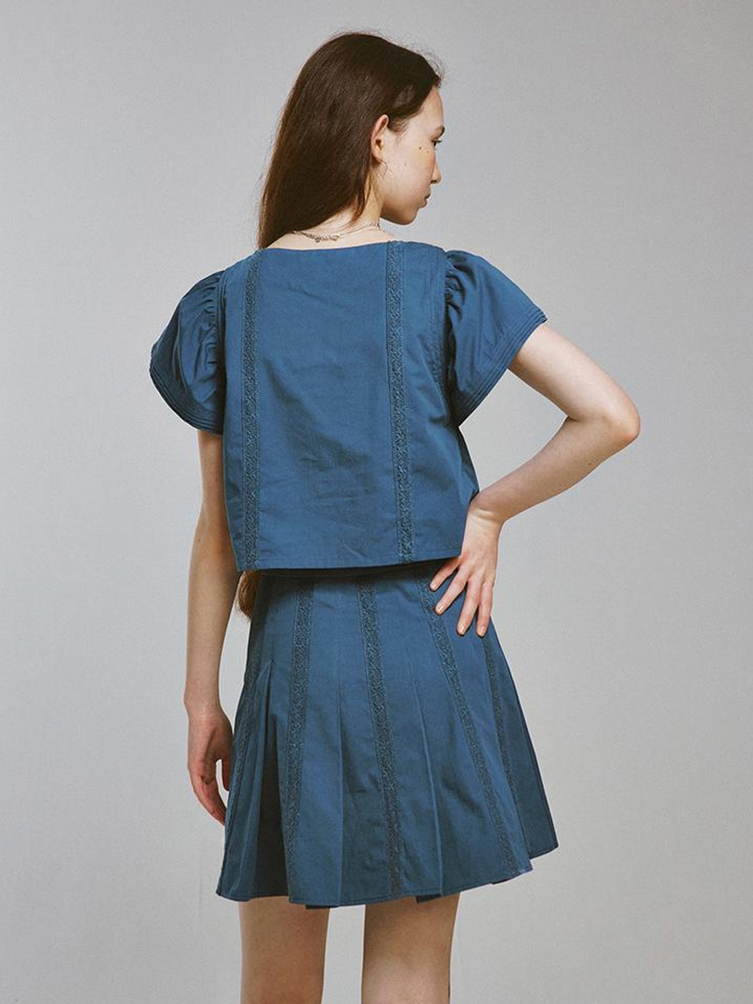 FUSSED V-Neck T-Shirt Long-Sleeve Tiered Flutter Sleeve Lace Trim Playful Prussian Set