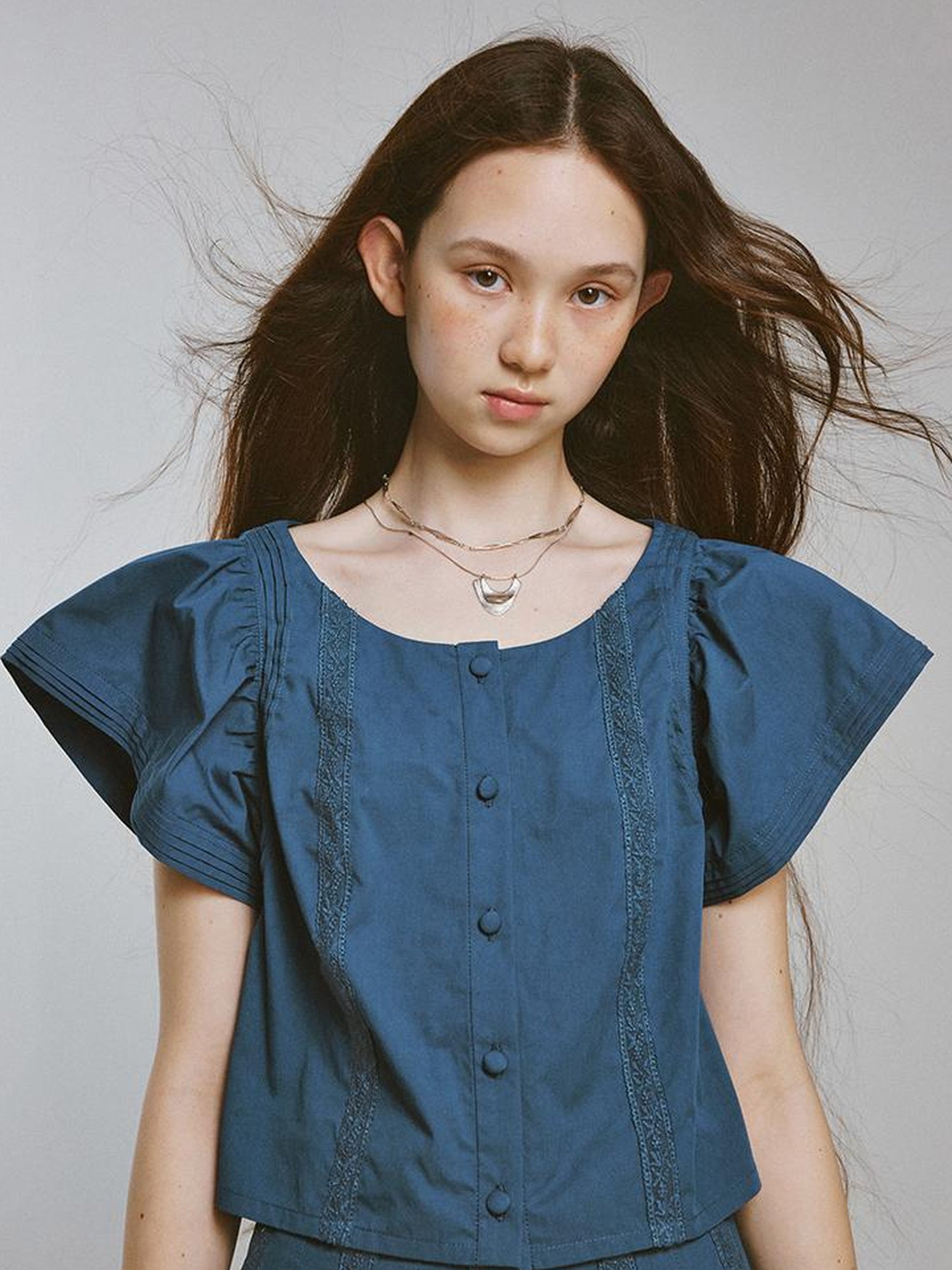 FUSSED V-Neck T-Shirt Long-Sleeve Tiered Flutter Sleeve Lace Trim Playful Prussian Set