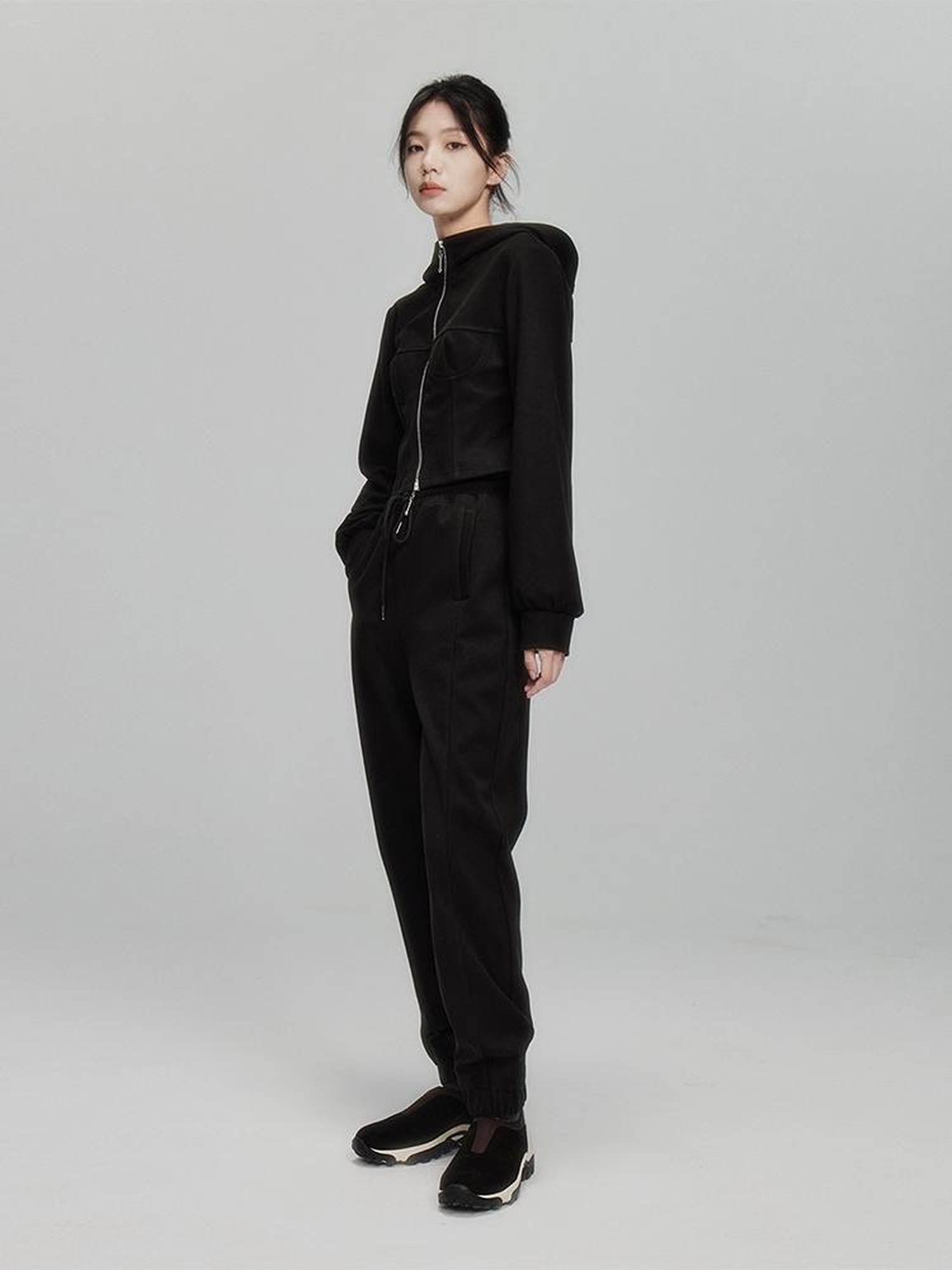 FUSSED Velvet Texture High Waisted Drawstring Black Fleece Trousers