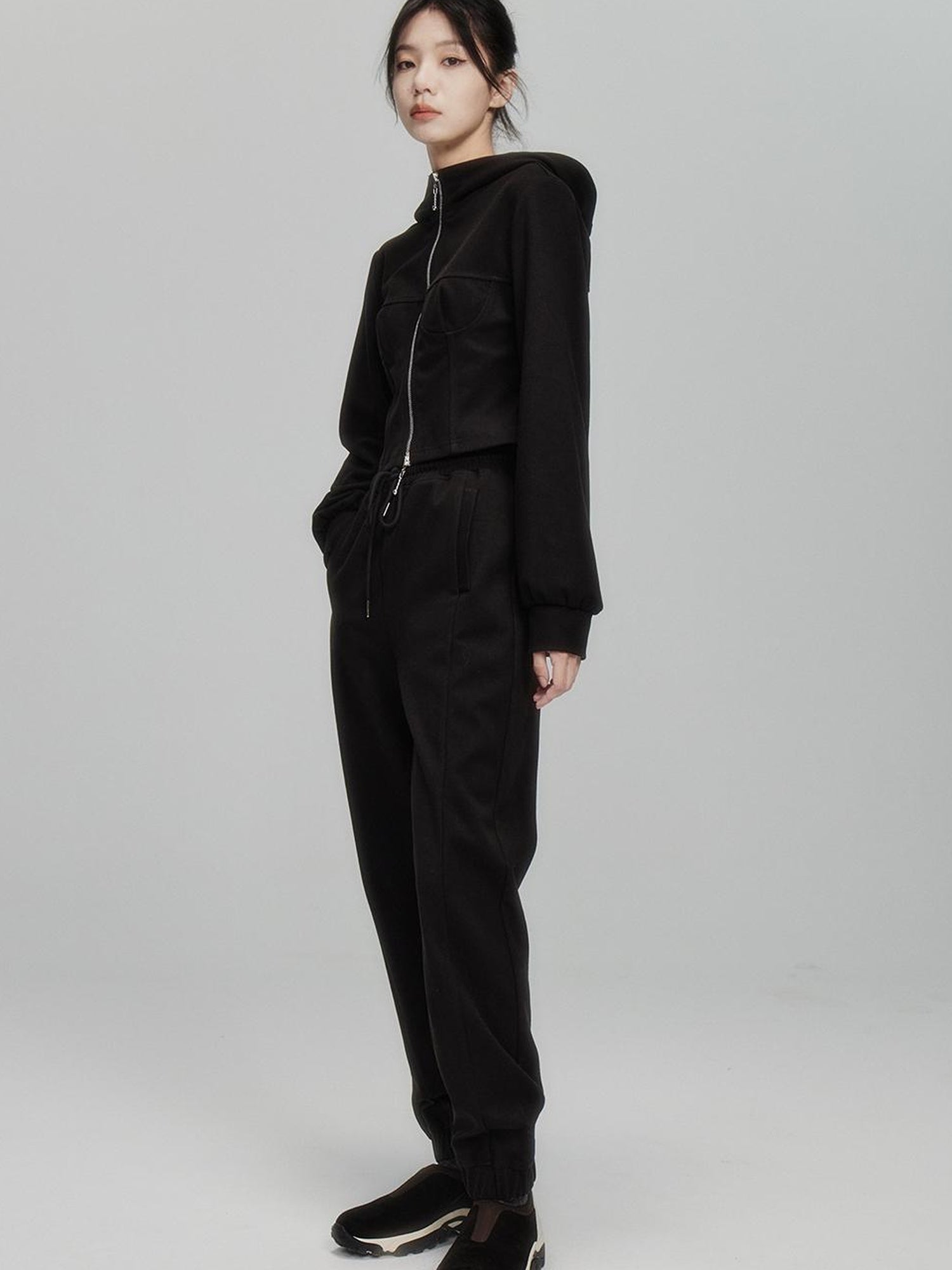 FUSSED Velvet Texture High Waisted Drawstring Black Fleece Trousers