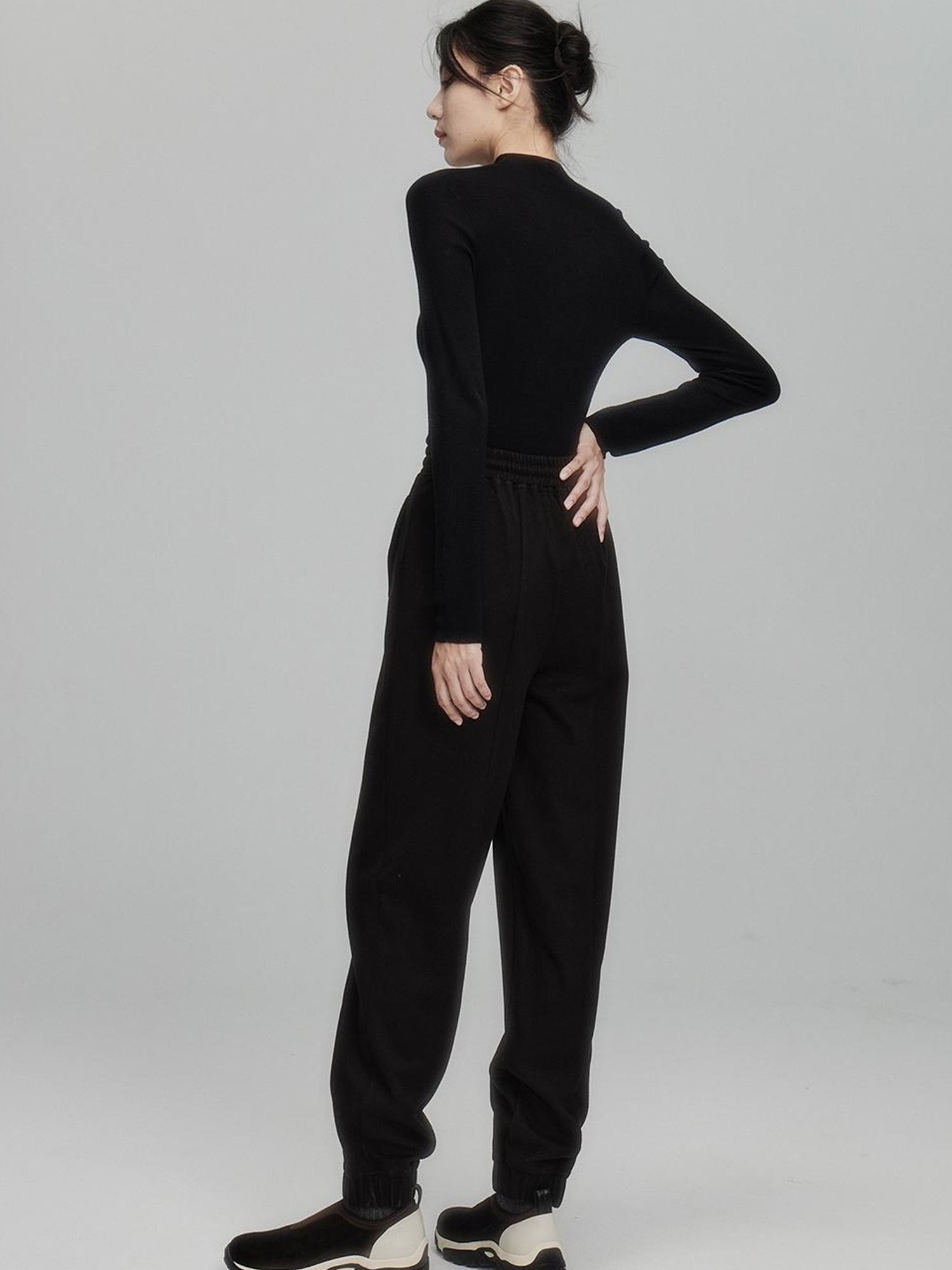 FUSSED Velvet Texture High Waisted Drawstring Black Fleece Trousers