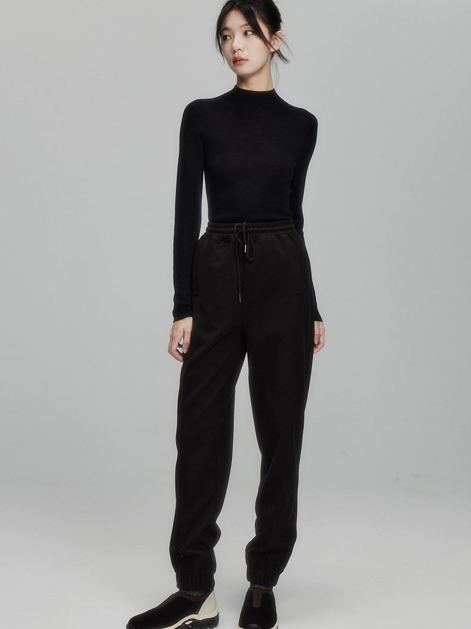 FUSSED Velvet Texture High Waisted Drawstring Black Fleece Trousers