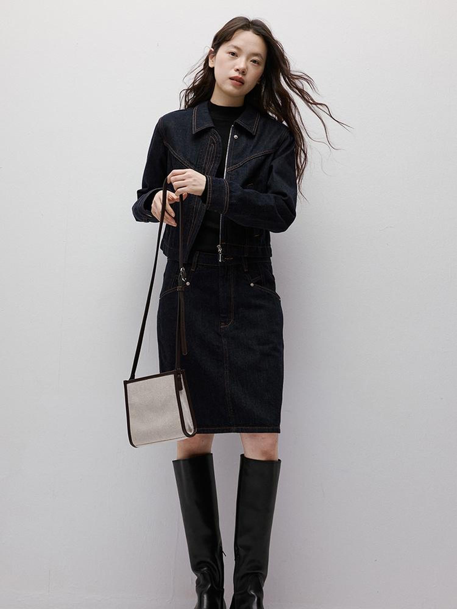 FUSSED Vintage Blue Denim A Line Skirt with Contrast Stitching