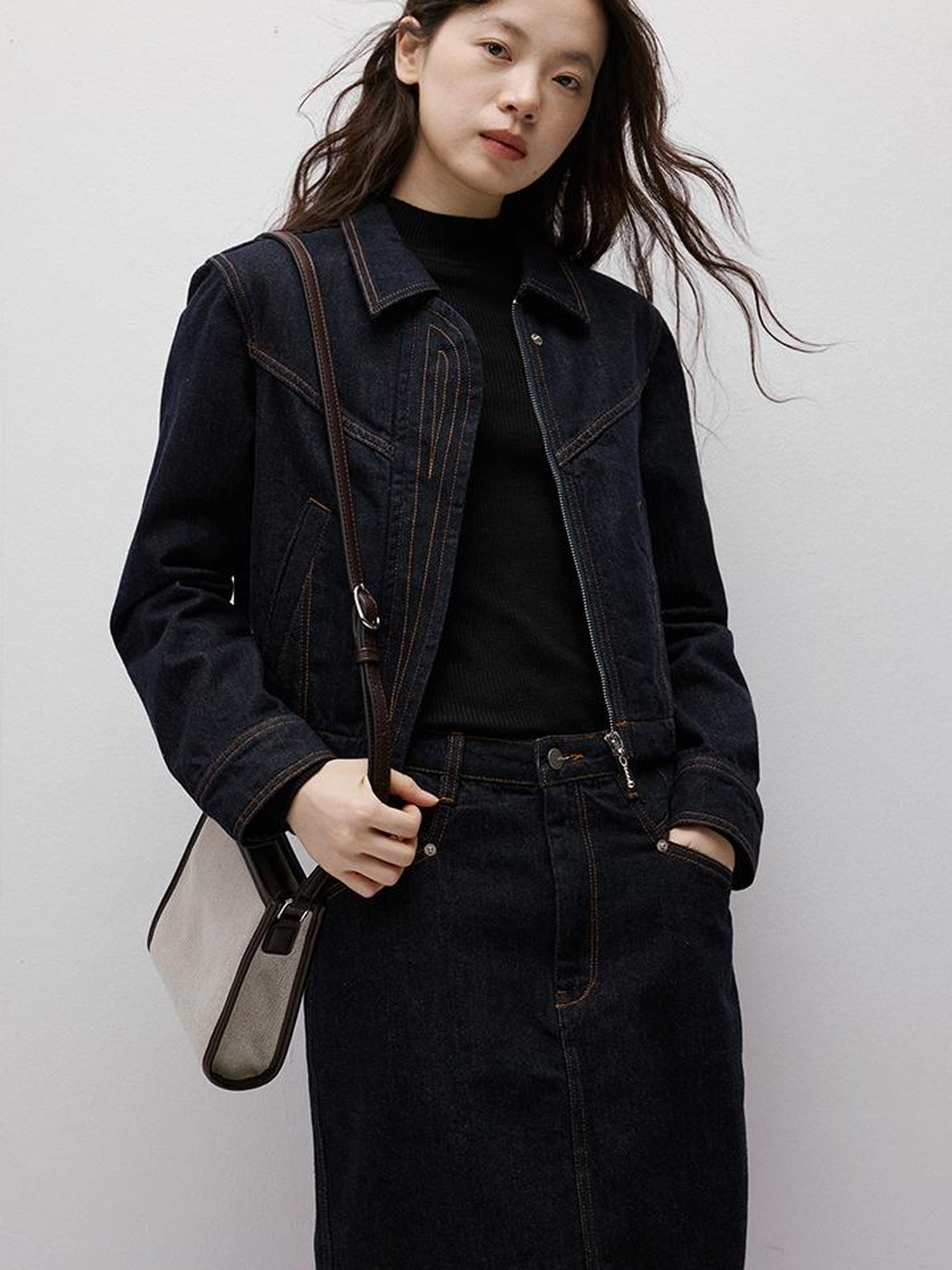 FUSSED Vintage Blue Denim A Line Skirt with Contrast Stitching