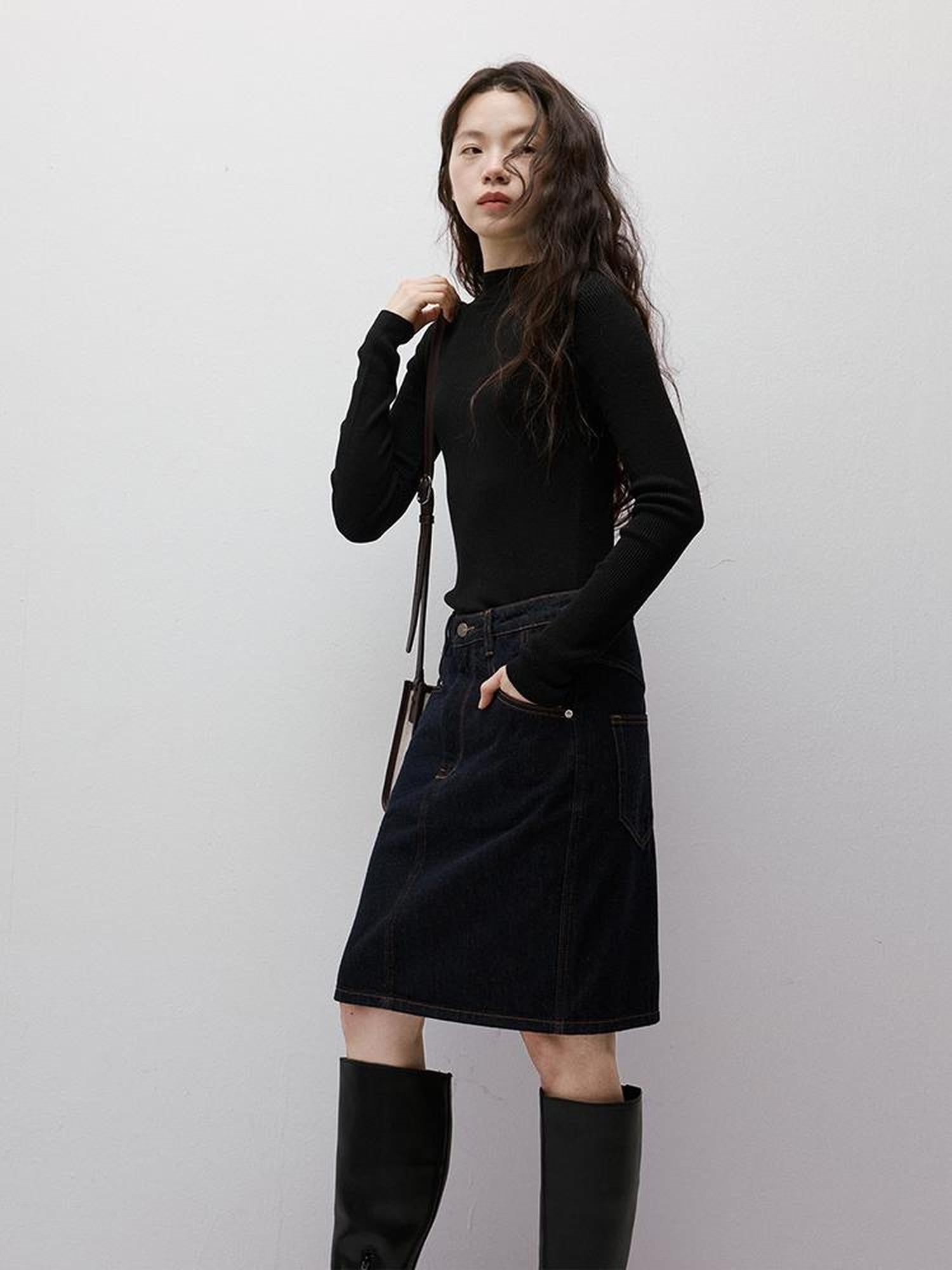 FUSSED Vintage Blue Denim A Line Skirt with Contrast Stitching