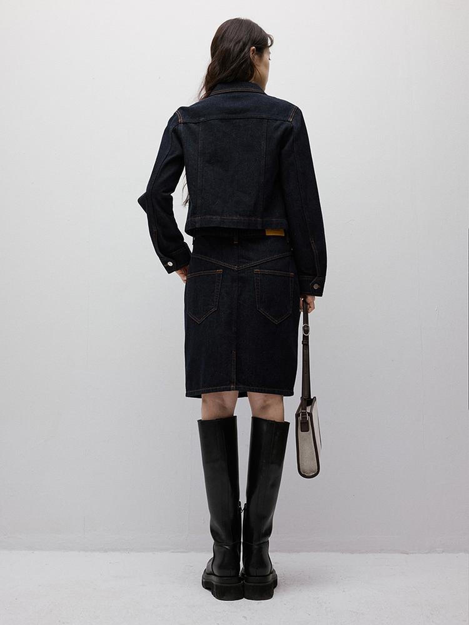 FUSSED Vintage Blue Denim A Line Skirt with Contrast Stitching