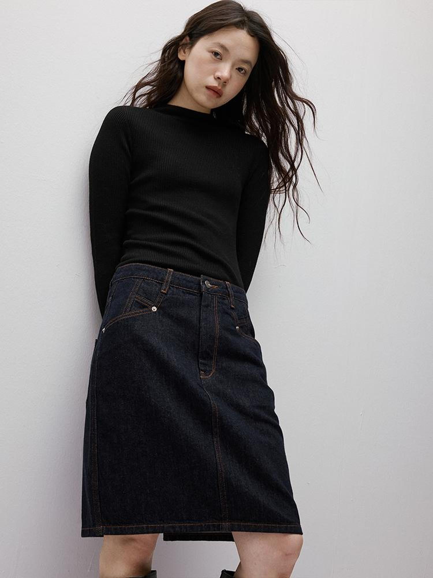 FUSSED Vintage Blue Denim A Line Skirt with Contrast Stitching