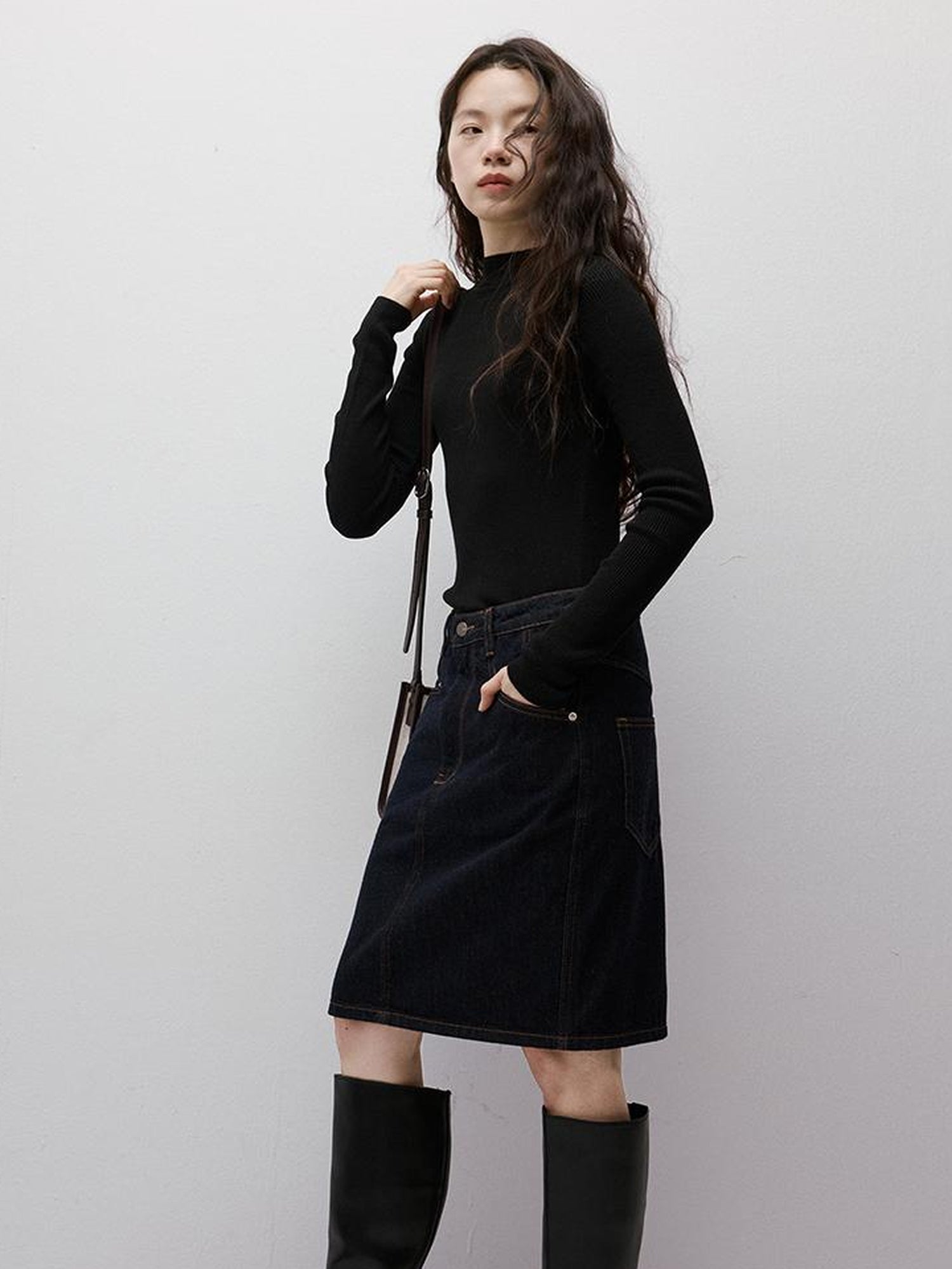 FUSSED Vintage Blue Denim A Line Skirt with Contrast Stitching