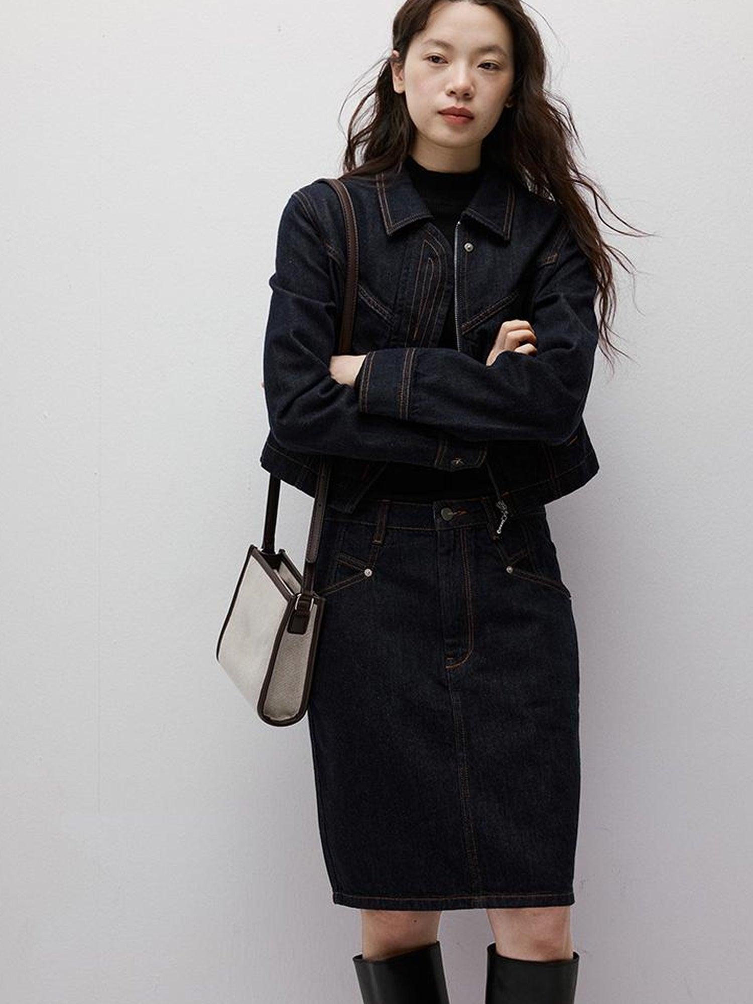 FUSSED Vintage Blue Denim A Line Skirt with Contrast Stitching