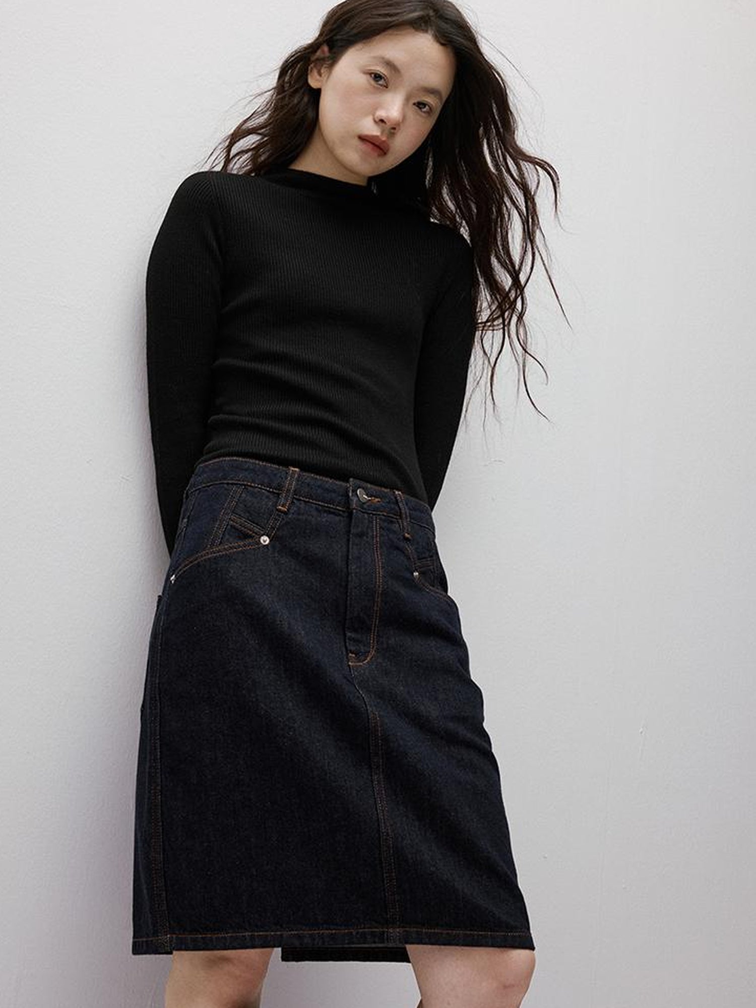 FUSSED Vintage Blue Denim A Line Skirt with Contrast Stitching
