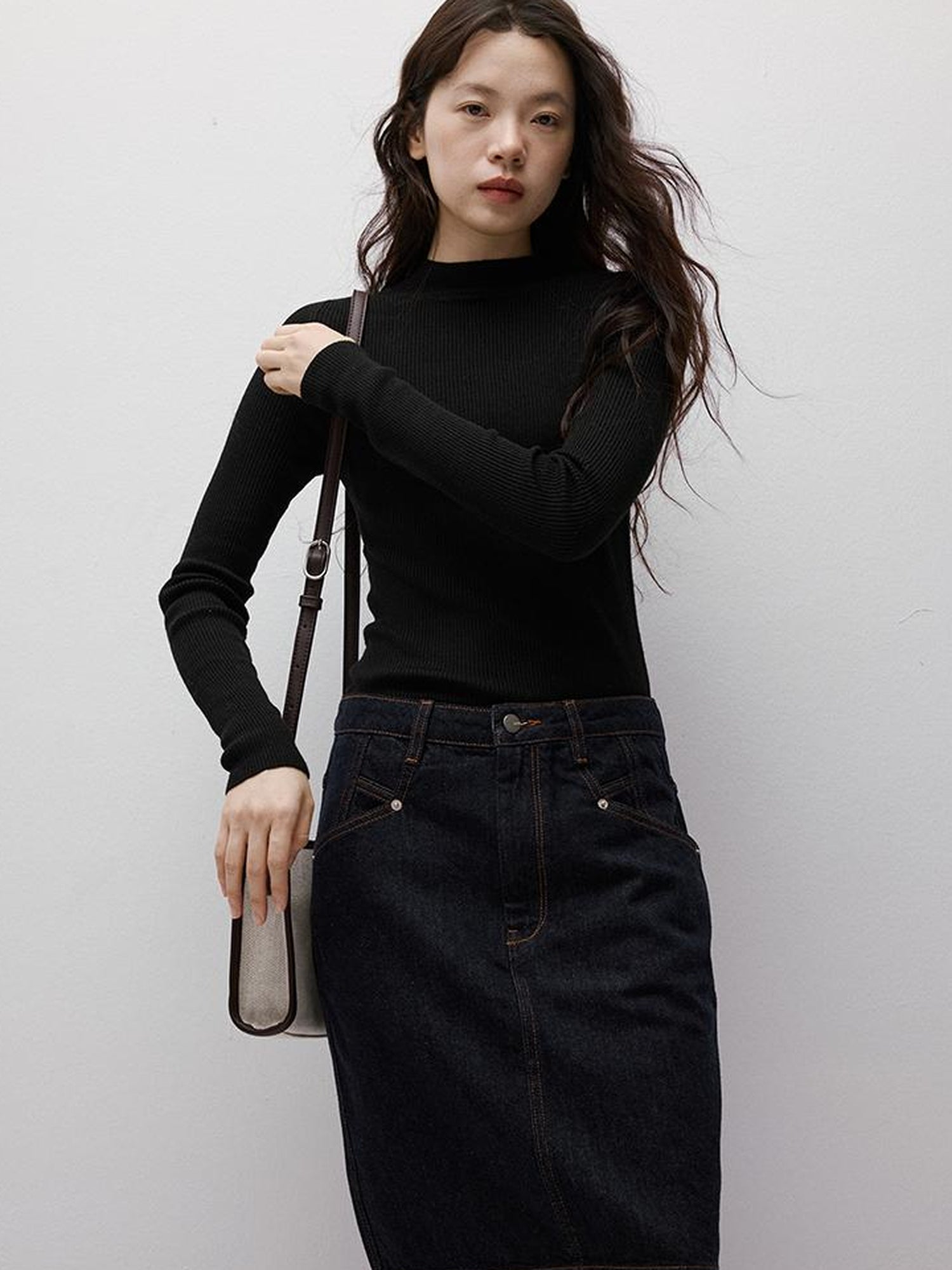 FUSSED Vintage Blue Denim A Line Skirt with Contrast Stitching