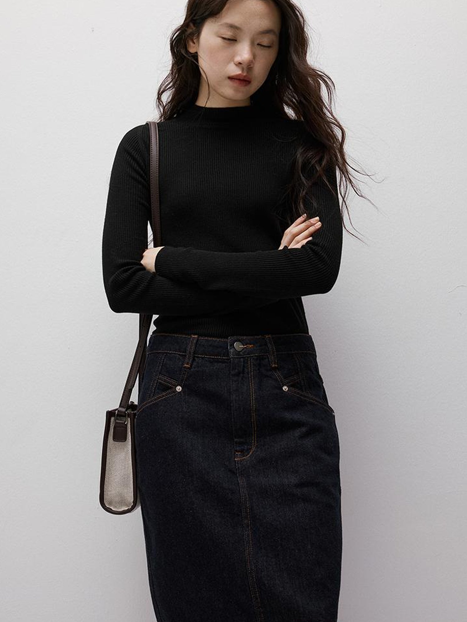 FUSSED Vintage Blue Denim A Line Skirt with Contrast Stitching