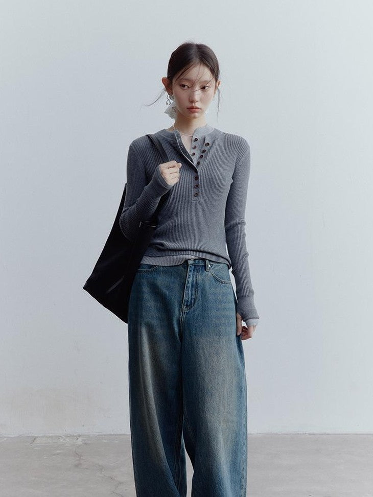 FUSSED Vintage Blue Low Waist Elongating Leg Topstitch Women&