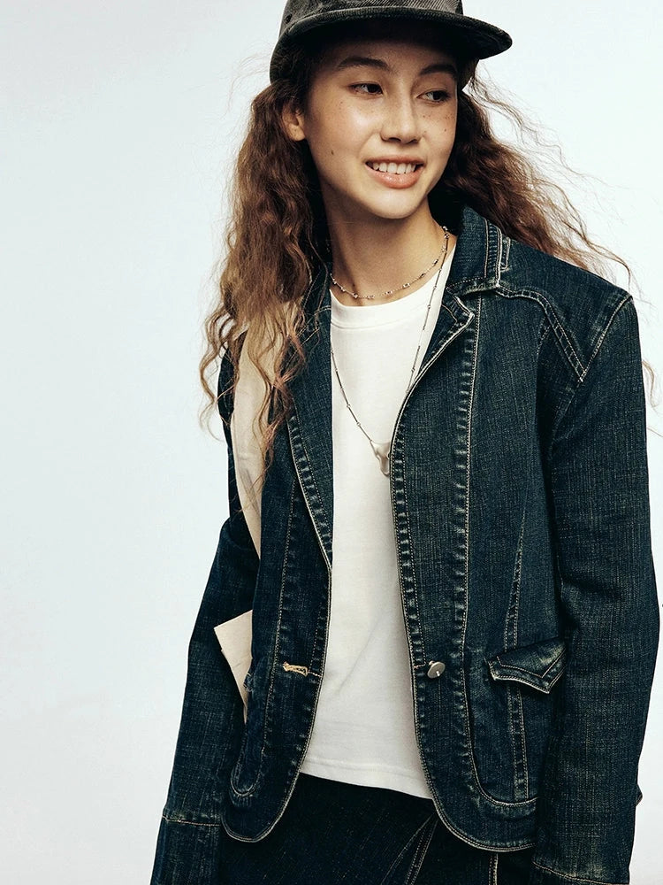 Vintage Blue Tailored Denim Jacket with Notched Collar