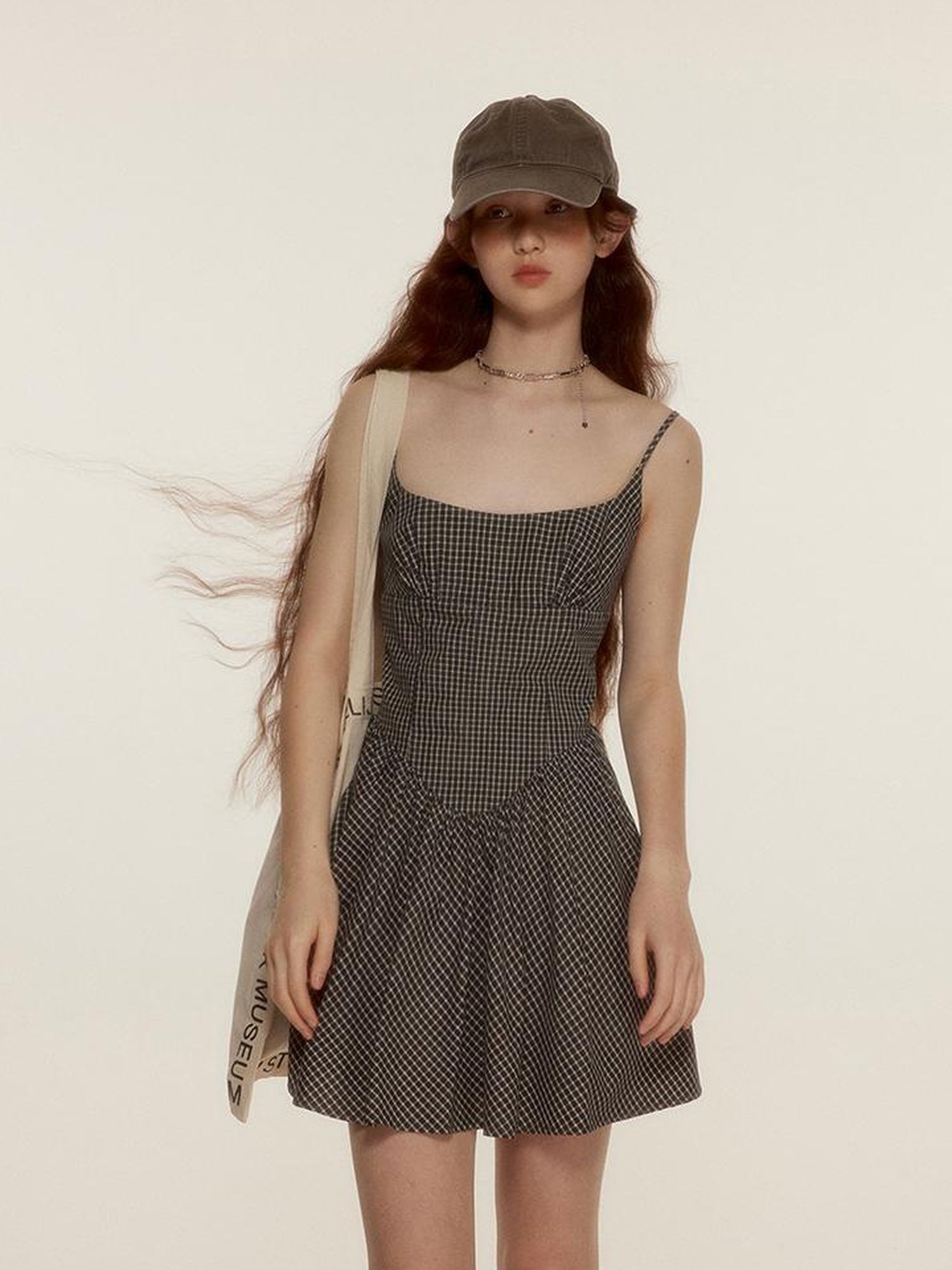 FUSSED Vintage Checkered Cotton Blend Mini Dress with Smocked Bust