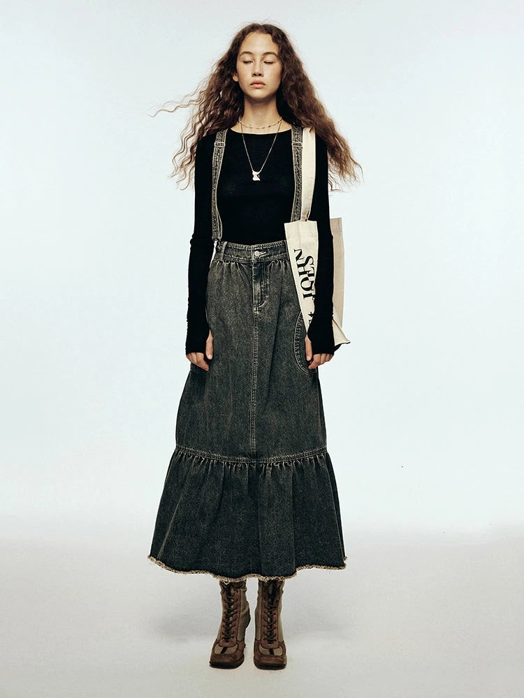 Vintage Indigo Washed Tiered Maxi Dress With Adjustable Straps