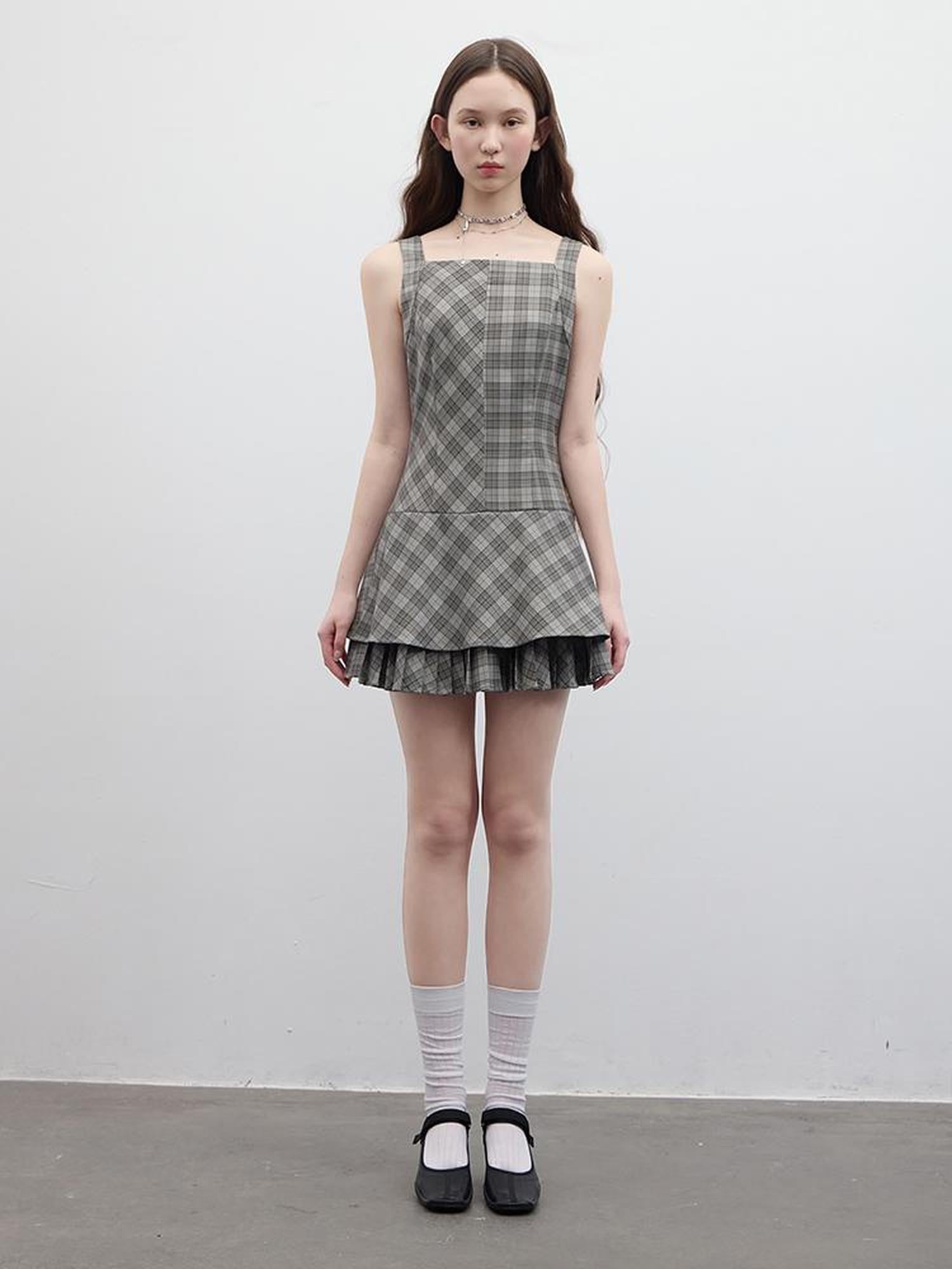 FUSSED Vintage Plaid Double Layer Hem A Line Dress