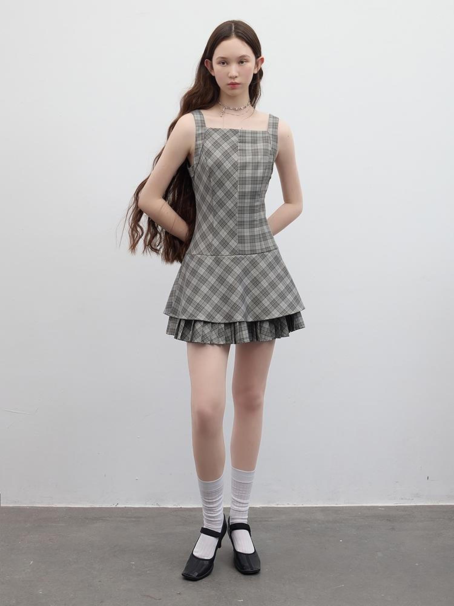 FUSSED Vintage Plaid Double Layer Hem A Line Dress