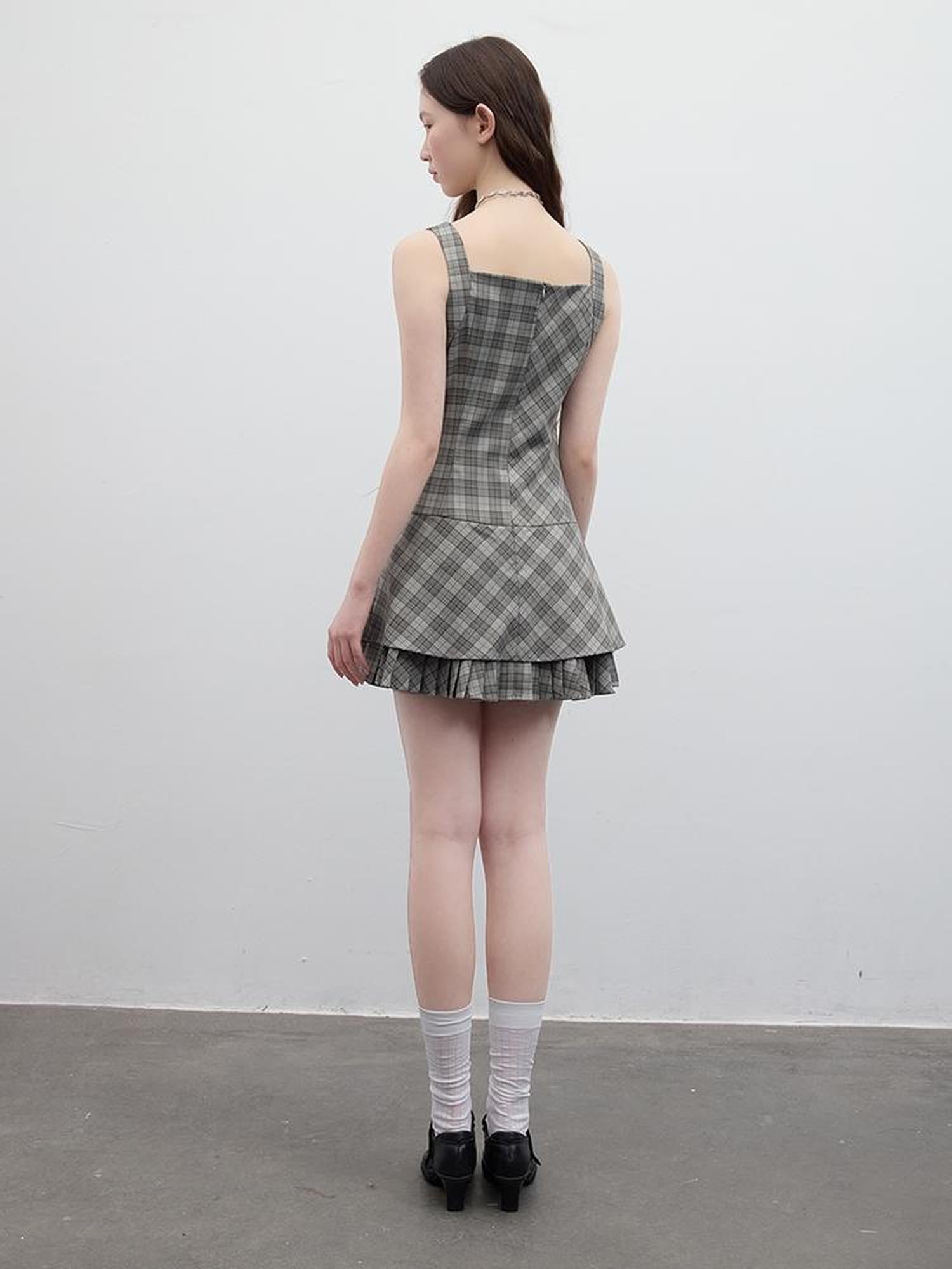 FUSSED Vintage Plaid Double Layer Hem A Line Dress