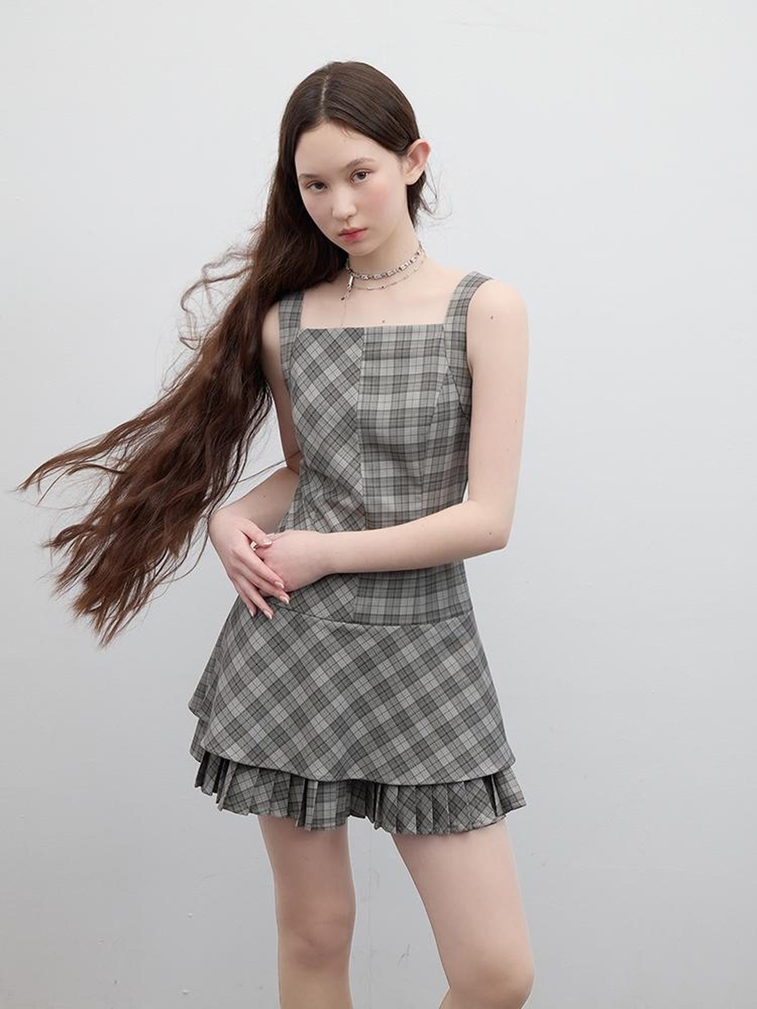 FUSSED Vintage Plaid Double Layer Hem A Line Dress