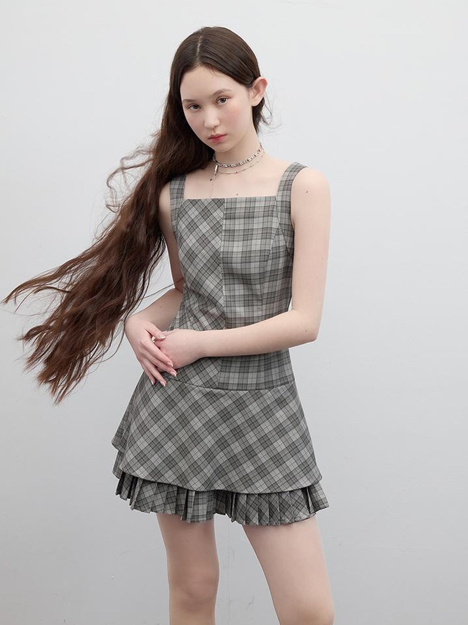 FUSSED Vintage Plaid Double Layer Hem A Line Dress